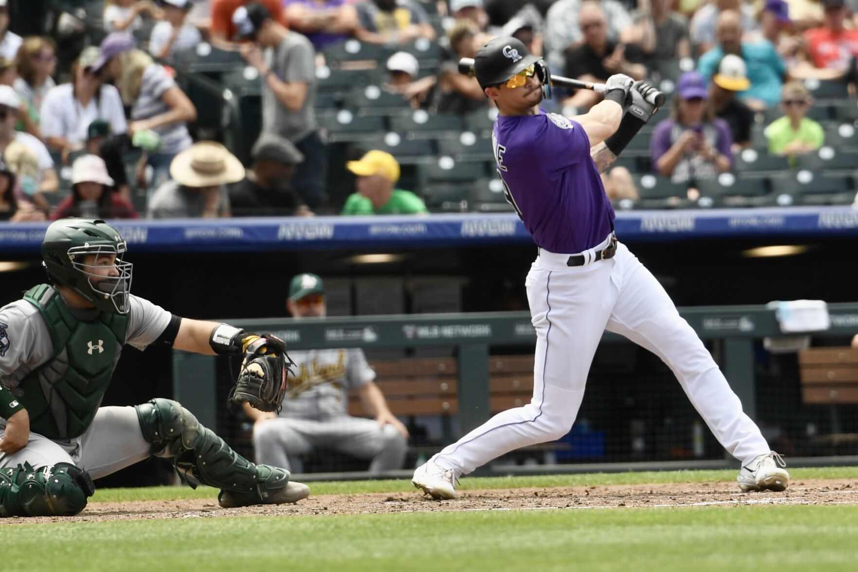 Rockies outfielder Brenton Doyle swings against the Athletics on Sunday, July 30, 2023. (CarsonFieldcarson.field@gazette.comhttps://secure.gravatar.com/avatar/c524ef3d384945349bed78d70eb2d2cd?d=mm&r=g)