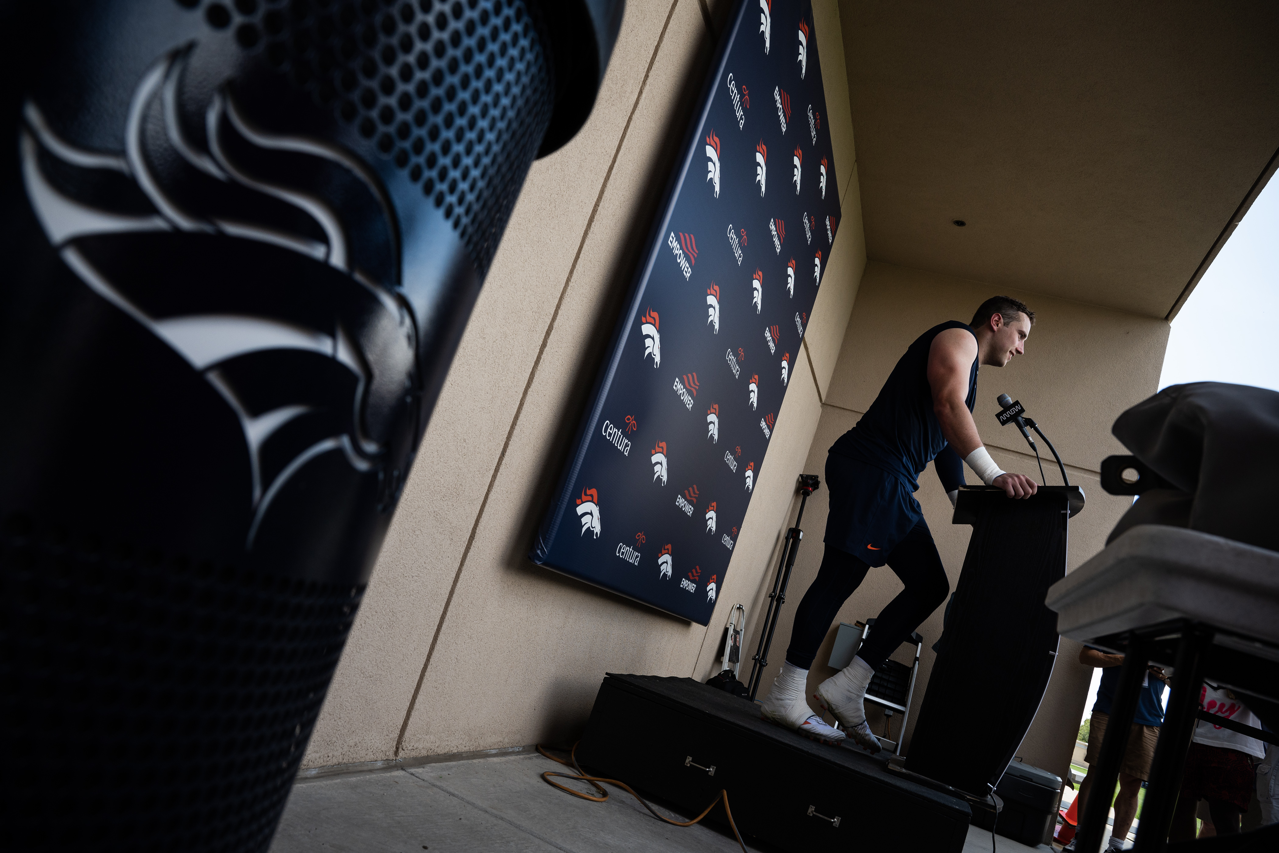 Denver Broncos defensive end Zach Allen (99) speaks with media after training camp on Friday, July 28, 2023, at the Centura Health Training Center in Centennial, Colo. (Timothy Hurst/Denver Gazette) (TimHursttim.hurst@gazette.comhttps://secure.gravatar.com/avatar/aca82bd62b4ee425c598527cd6faa1b1?d=mm&r=g)