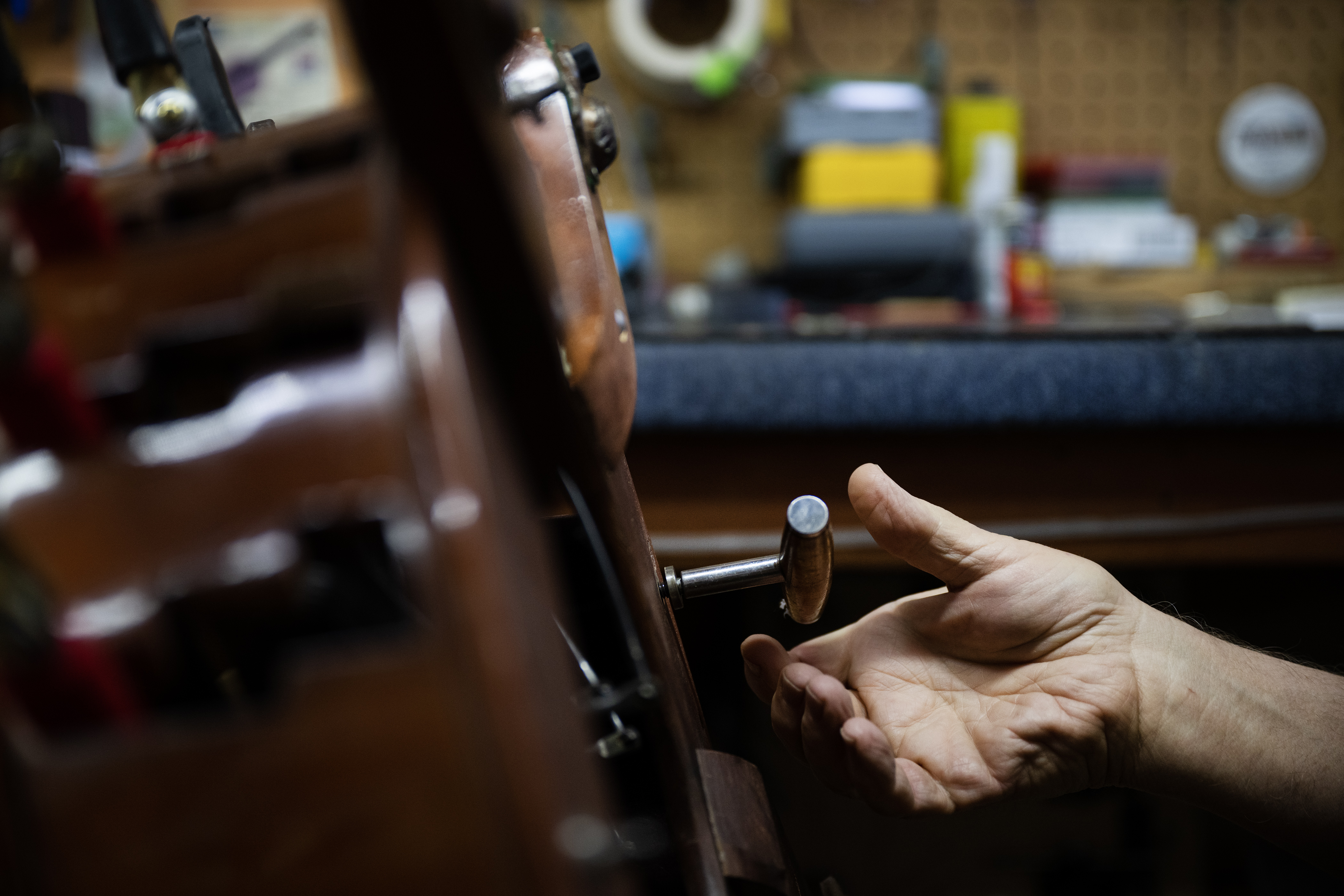 Co-owner David Kolacny removes the base of a harp while working on a backlog of repairs on Monday, July 17, 2023, at Kolacny Music Co. in Denver, Colo. (Timothy Hurst/Denver Gazette) (TimHursttim.hurst@gazette.comhttps://secure.gravatar.com/avatar/aca82bd62b4ee425c598527cd6faa1b1?d=mm&r=g)