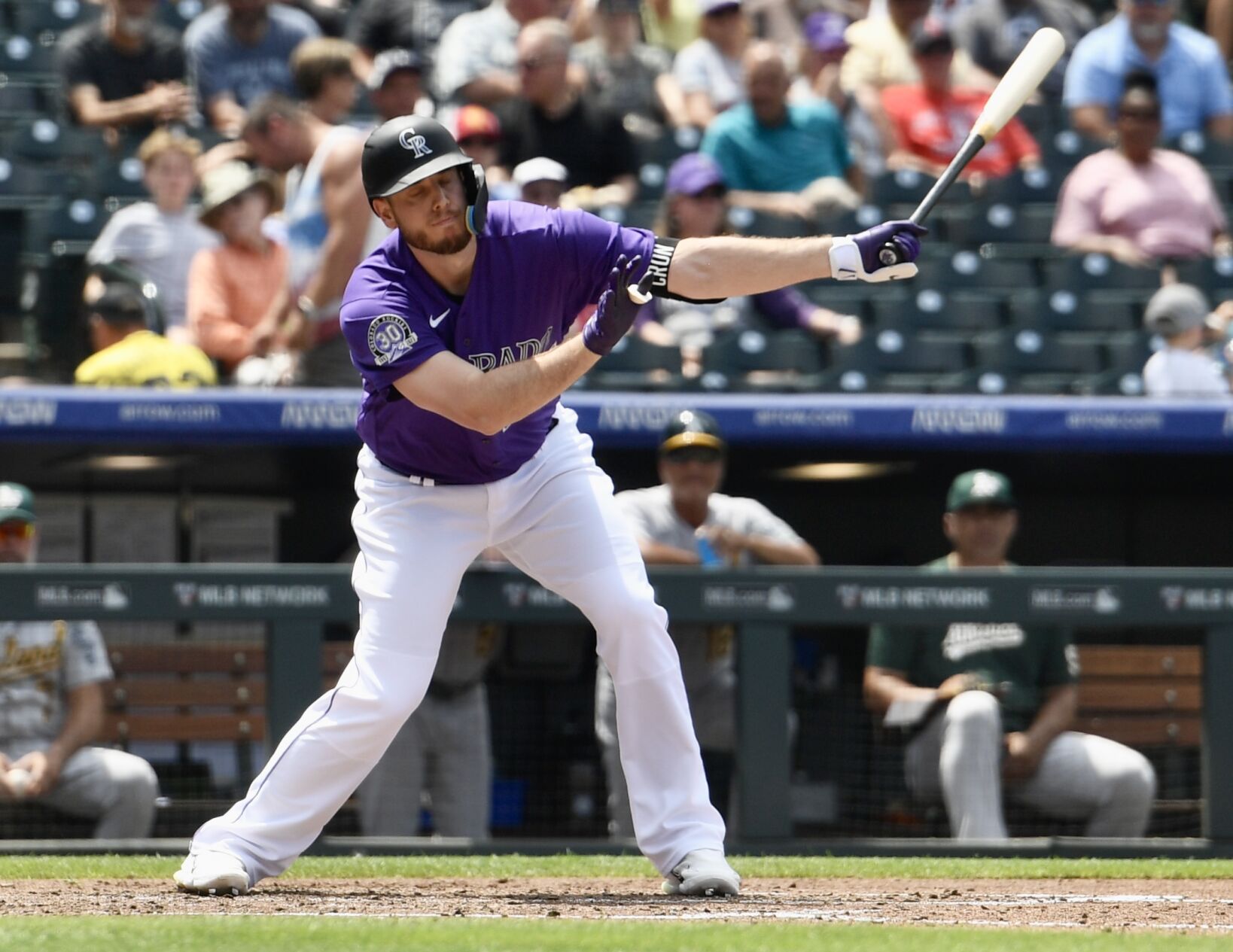 Rockies infielder C.J. Cron swings against the Athletics on Sunday, July 30, 2023. (CarsonFieldcarson.field@gazette.comhttps://secure.gravatar.com/avatar/c524ef3d384945349bed78d70eb2d2cd?d=mm&r=g)