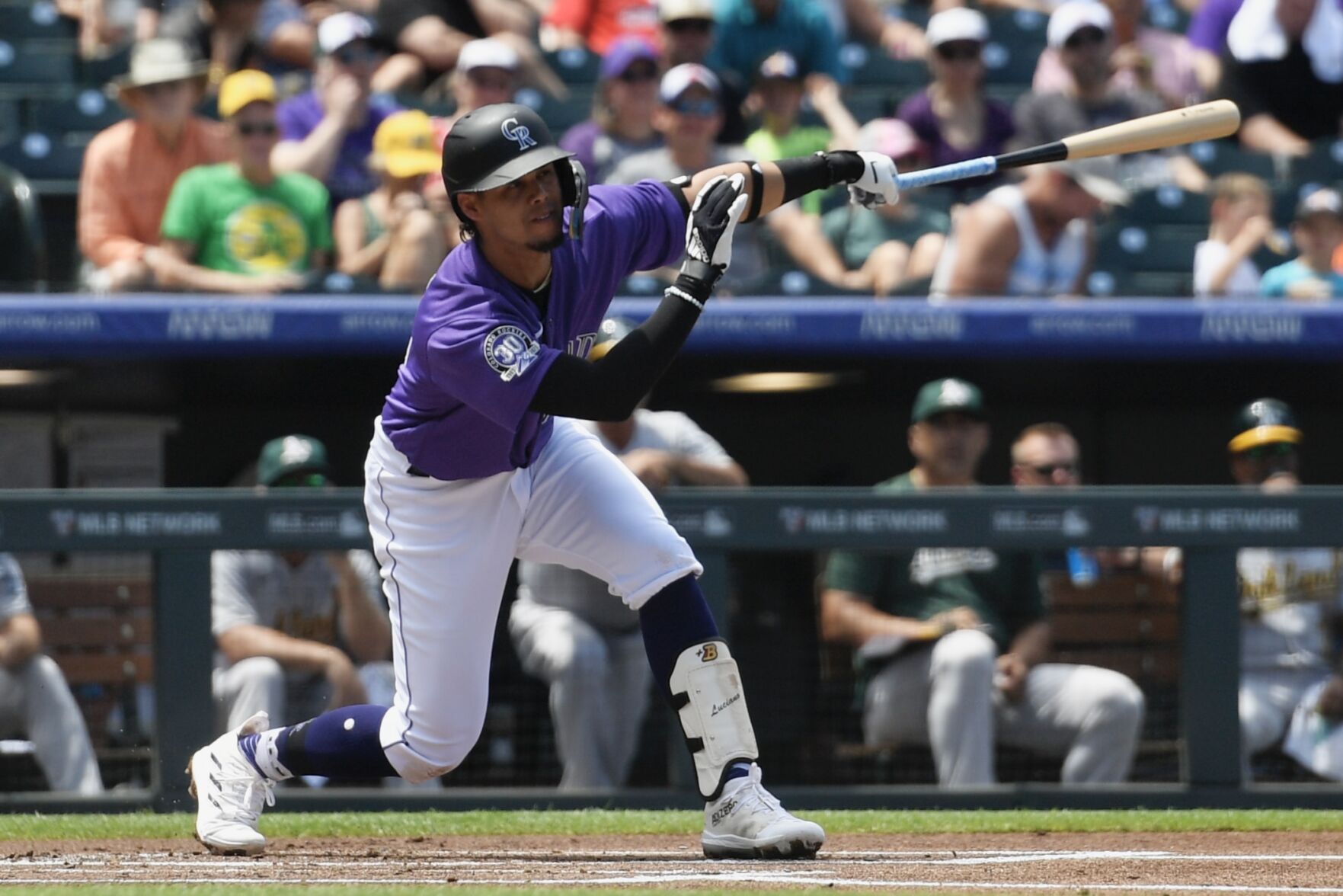 Rockies infielder Ezequiel Tovar swings against the Oakland Athletics on Saturday, July 30, 2023. (CarsonFieldcarson.field@gazette.comhttps://secure.gravatar.com/avatar/c524ef3d384945349bed78d70eb2d2cd?d=mm&r=g)
