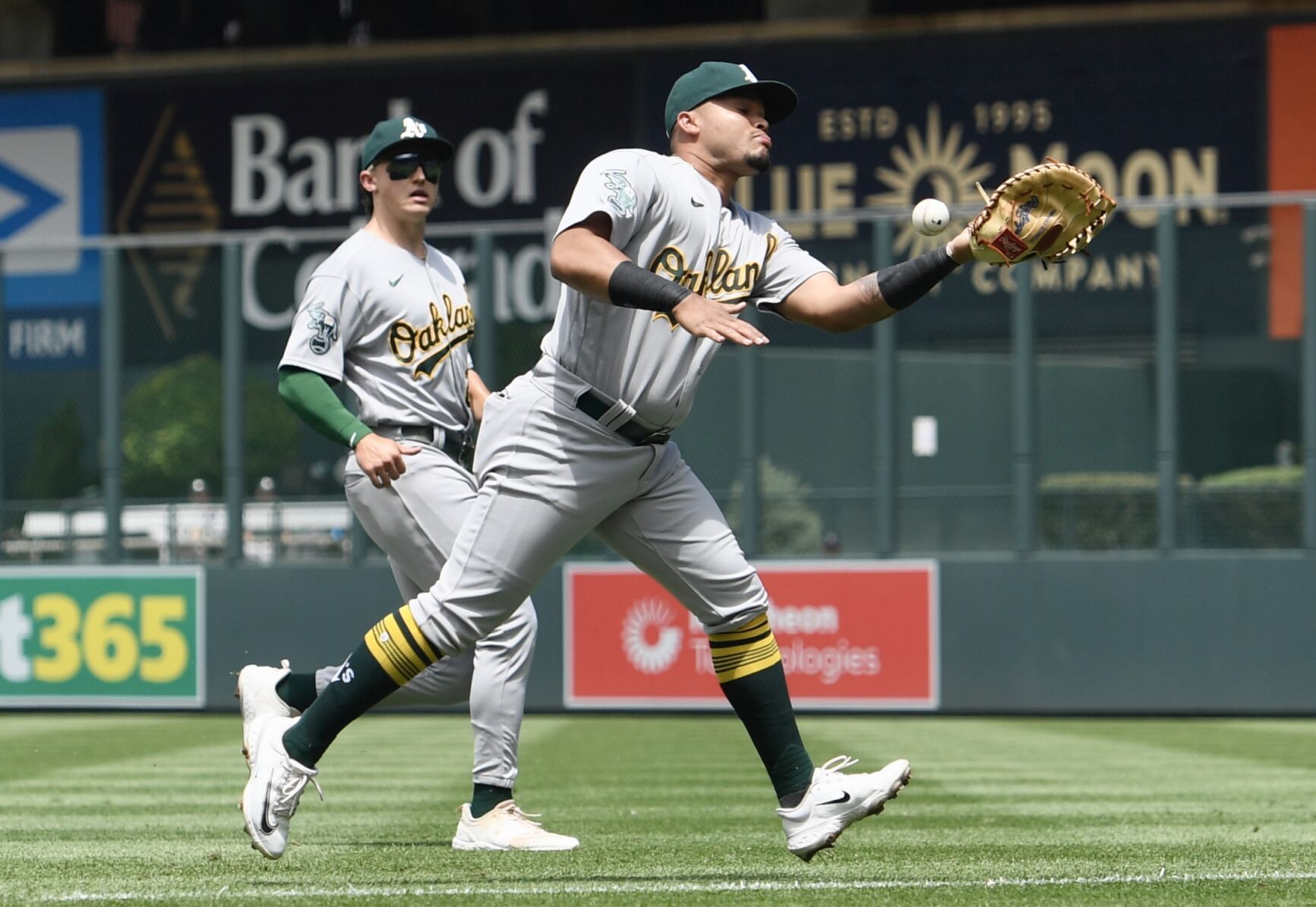 A's infielder Jordan Diaz commits an error against the Rockies on Sunday, July 30, 2023. (CarsonFieldcarson.field@gazette.comhttps://secure.gravatar.com/avatar/c524ef3d384945349bed78d70eb2d2cd?d=mm&r=g)