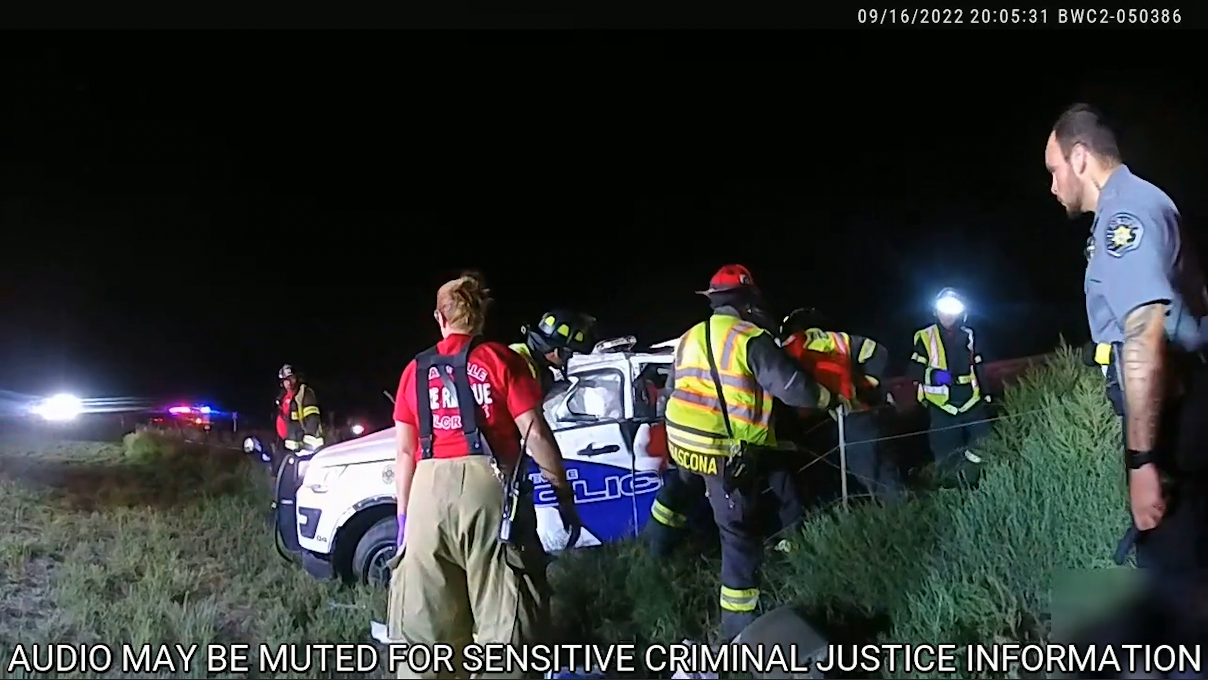 Rescue crews use the jaws of life to remove the detainee from the back of the Platteville police cruiser that was struck by a Union Pacific locomotive going over 40 mph on Sept. 16, 2022.