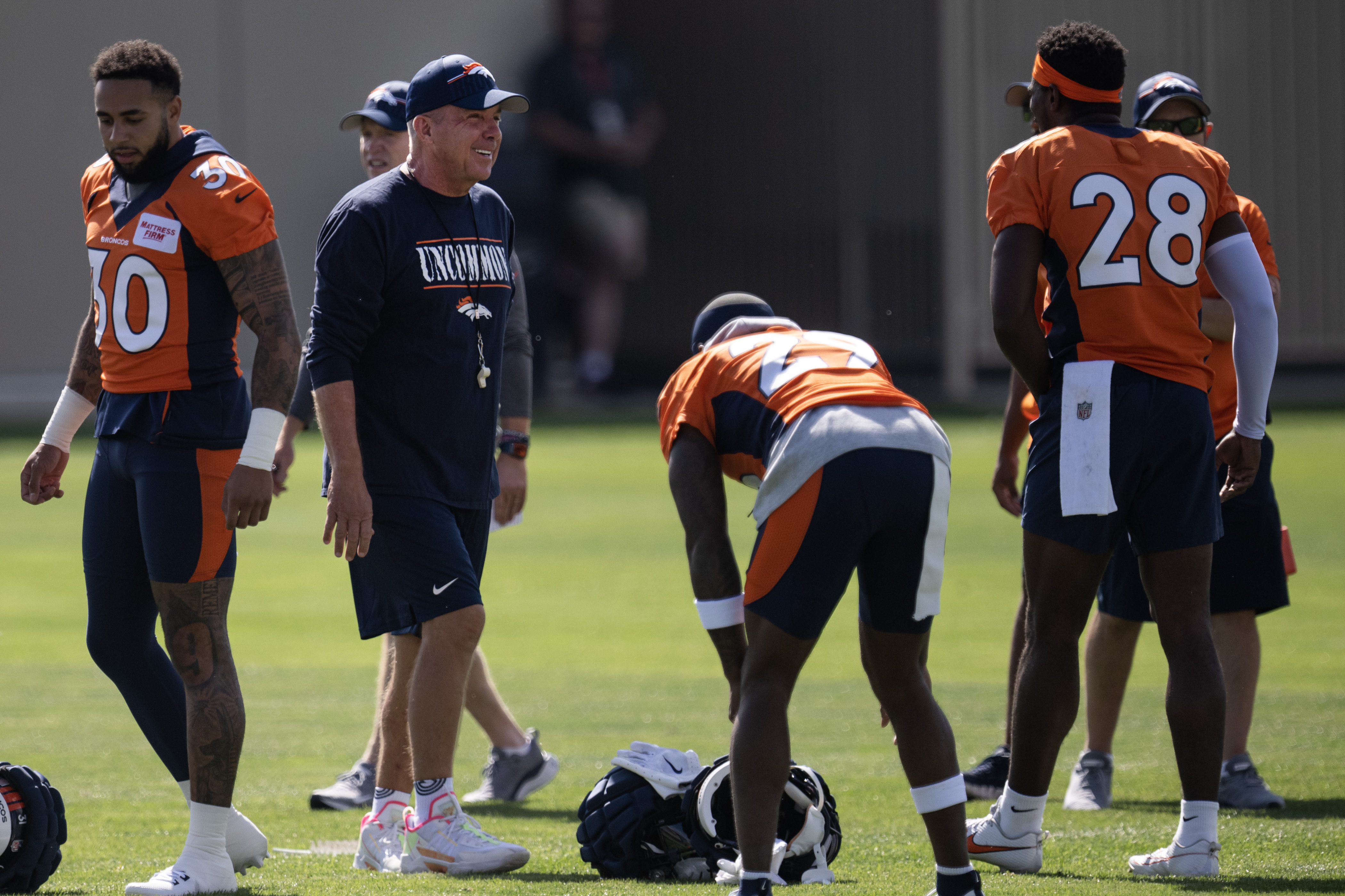 Denver Broncos head coach Sean Payton talks with players during training camp on Friday, July 28, 2023, at the Centura Health Training Center in Centennial, Colo. (Timothy Hurst/Denver Gazette) (TimHursttim.hurst@gazette.comhttps://secure.gravatar.com/avatar/aca82bd62b4ee425c598527cd6faa1b1?d=mm&r=g)