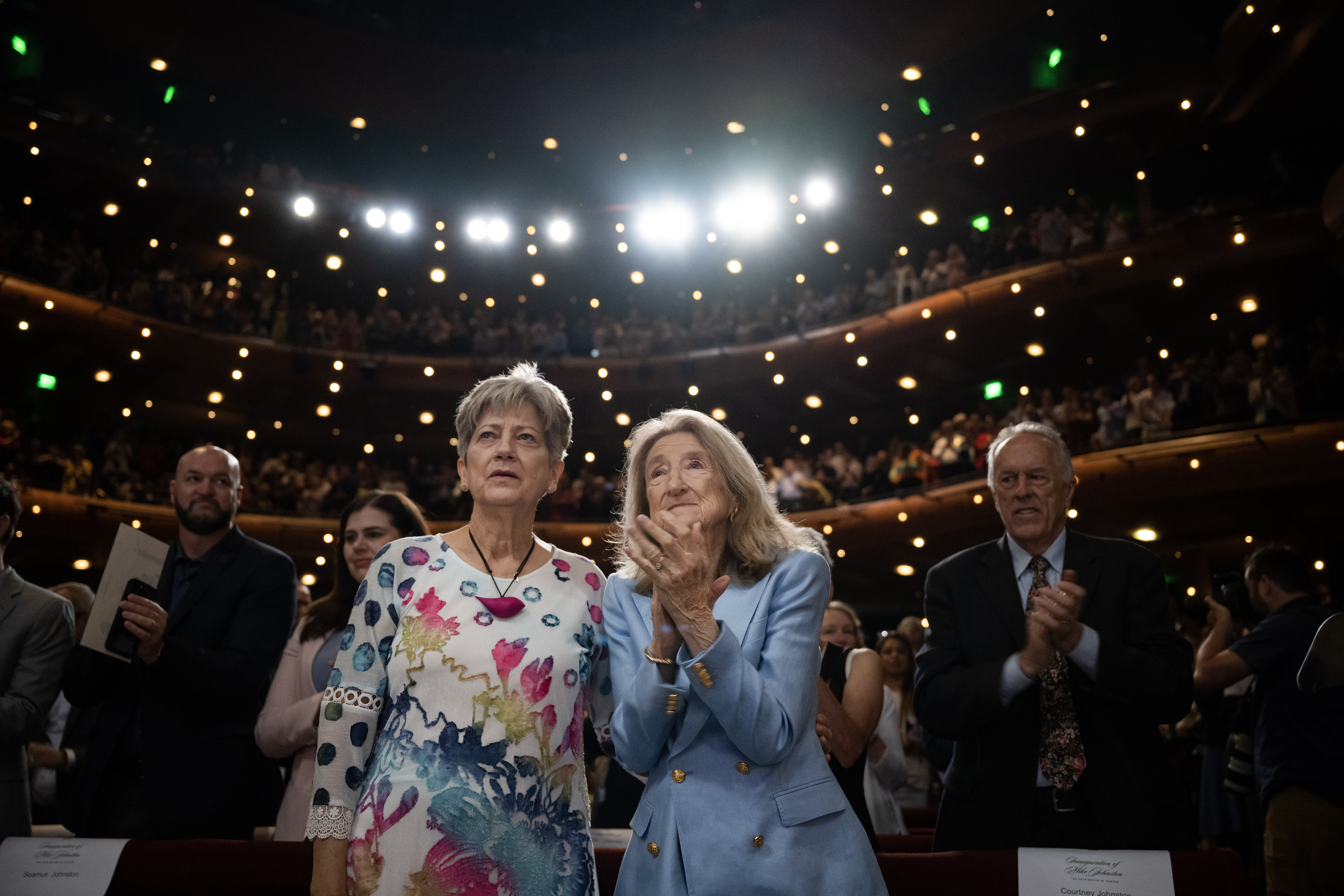 Denver mayor Mike Johnston’s mother Sally, right, and mother-in-law Anita Huffman react after Johnston was sworn-in during the inauguration ceremony for city and county of Denver elected officials on Monday, July 17, 2023, at the Ellie Caulkins Opera House in Denver, Colo. (Timothy Hurst/Denver Gazette) (TimHursttim.hurst@gazette.comhttps://secure.gravatar.com/avatar/aca82bd62b4ee425c598527cd6faa1b1?d=mm&r=g)