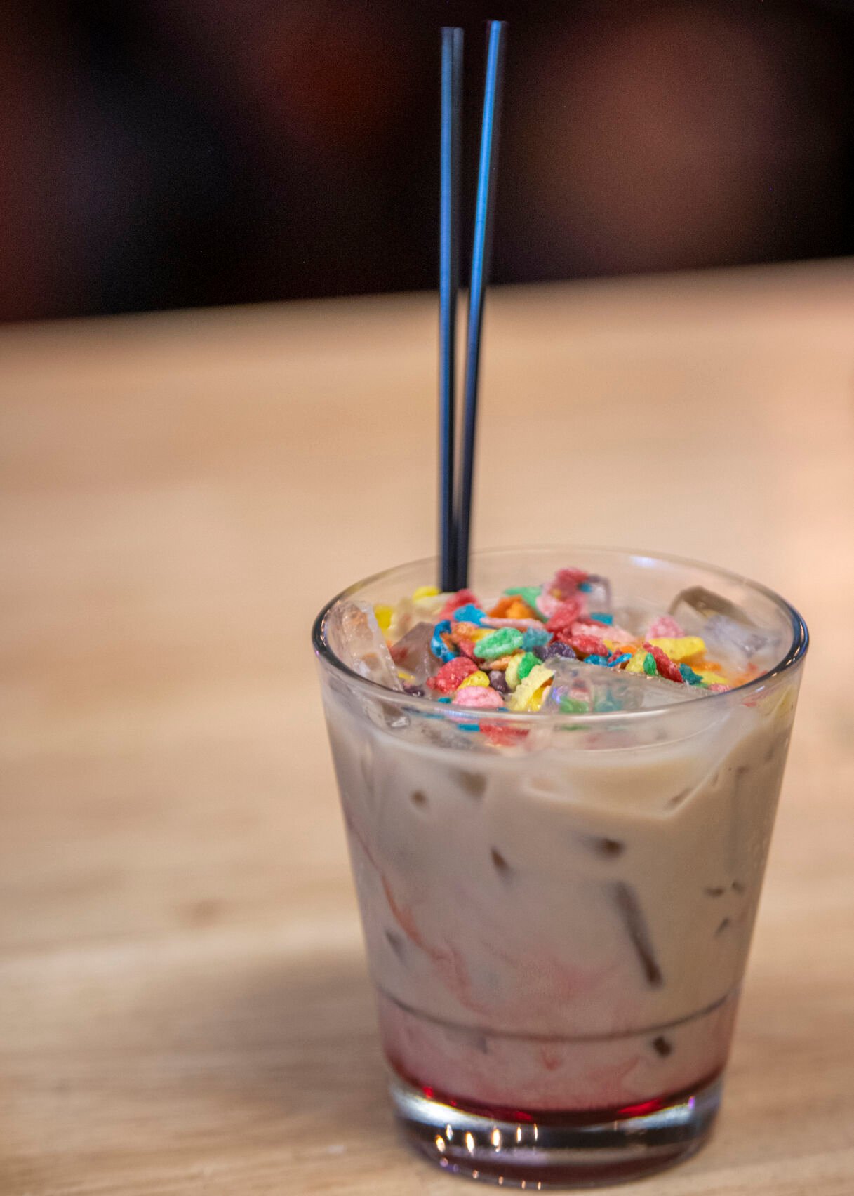 One of Lebowski’s Taproom’s 9 White Russians features Fruity Pebbles cereal and a drizzle of strawberry syrup at Lebowski's Taproom in Colorado Springs, Colo. on Wednesday, August 23, 2023. (Gabi Broekema)