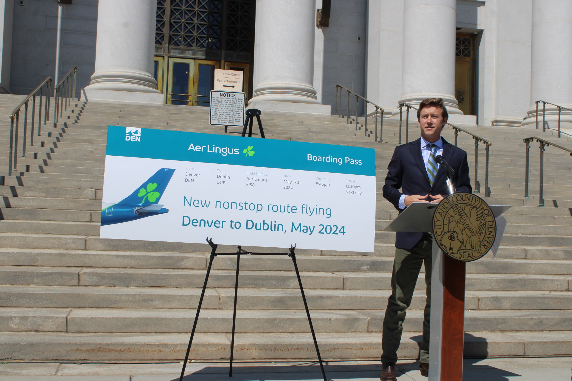 Denver Mayor Mike Johnston stands next to the Aer Lingus direct flight ticket to Dublin, Ireland, during a press conference announcing non-stop flights to Ireland Thursday, Aug. 17. (NoahFestensteinCity Government Reporternoah.festenstein@denvergazette.comhttps://denvergazette.com/content/tncms/avatars/9/f0/326/9f032698-379f-11ee-8053-8bacbed4931f.60984dba383441d9647e0e740a08a8e6.png)