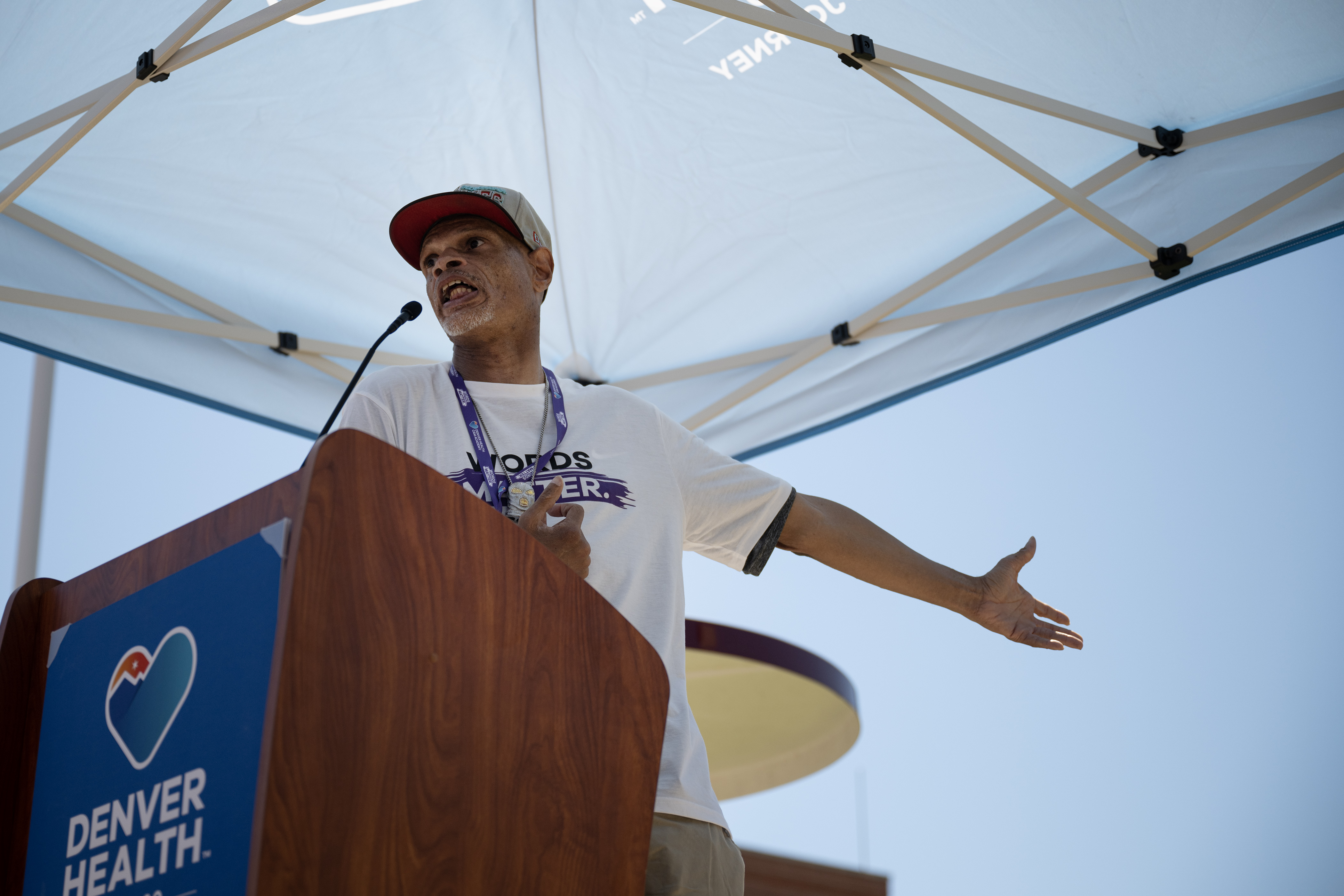 Walter Boyd, a Denver Health patient and Center for Addiction Medicine Community Advisory Committee member, inflects to a display of flags to mark the 1,799 overdose deaths in Colorado in 2022 while speaking during an event to mark International Overdose Awareness Day on Thursday, Aug. 31, 2023, at the Denver Health main campus in Denver. (Timothy Hurst/Denver Gazette) (TimHursttim.hurst@gazette.comhttps://secure.gravatar.com/avatar/aca82bd62b4ee425c598527cd6faa1b1?d=mm&r=g)