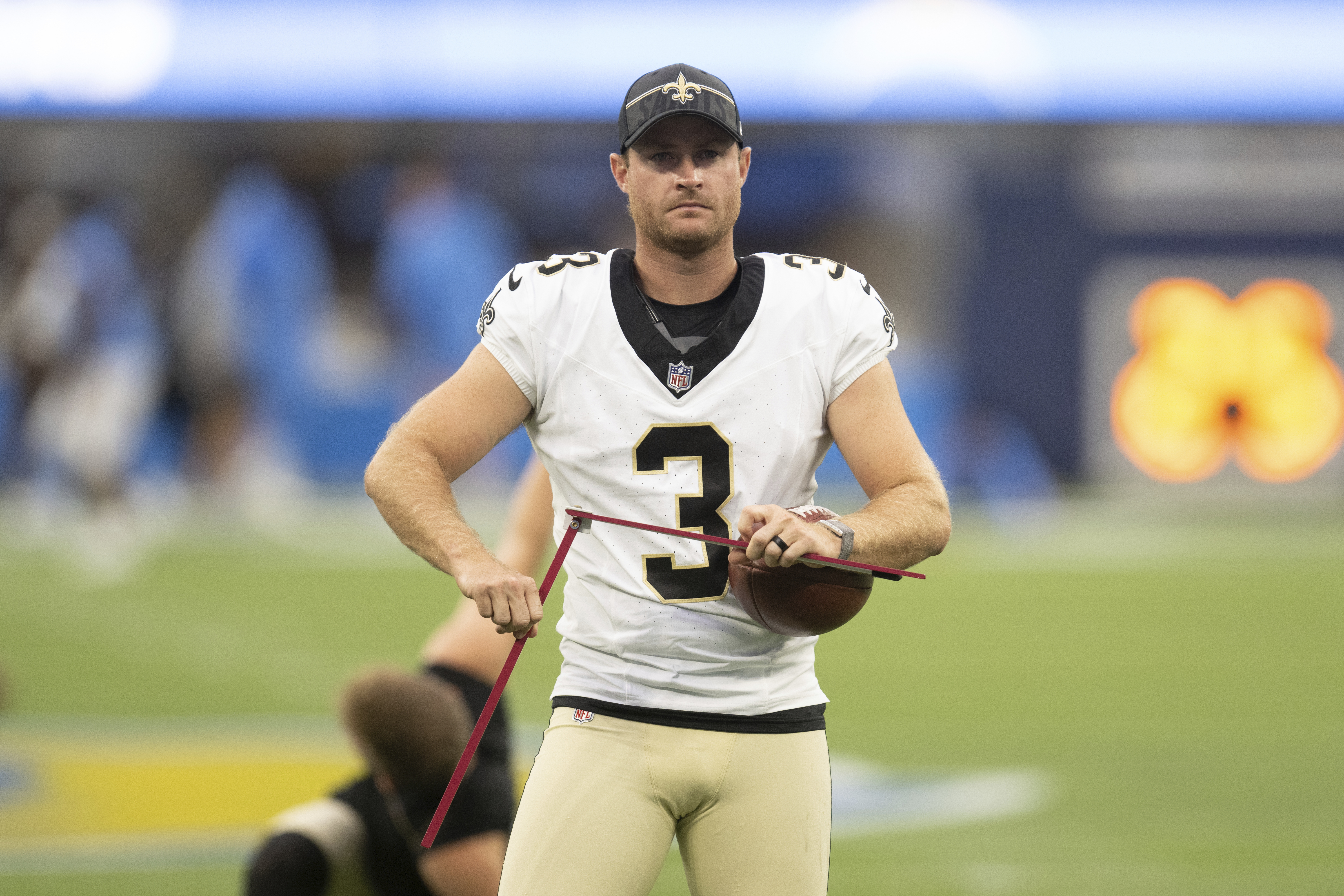 New Orleans Saints place kicker Wil Lutz (3) before an NFL preseason football game against the Los Angeles Chargers, Sunday, Aug. 20, 2023, in Inglewood, Calif. (AP Photo/Kyusung Gong) (Kyusung Gong)