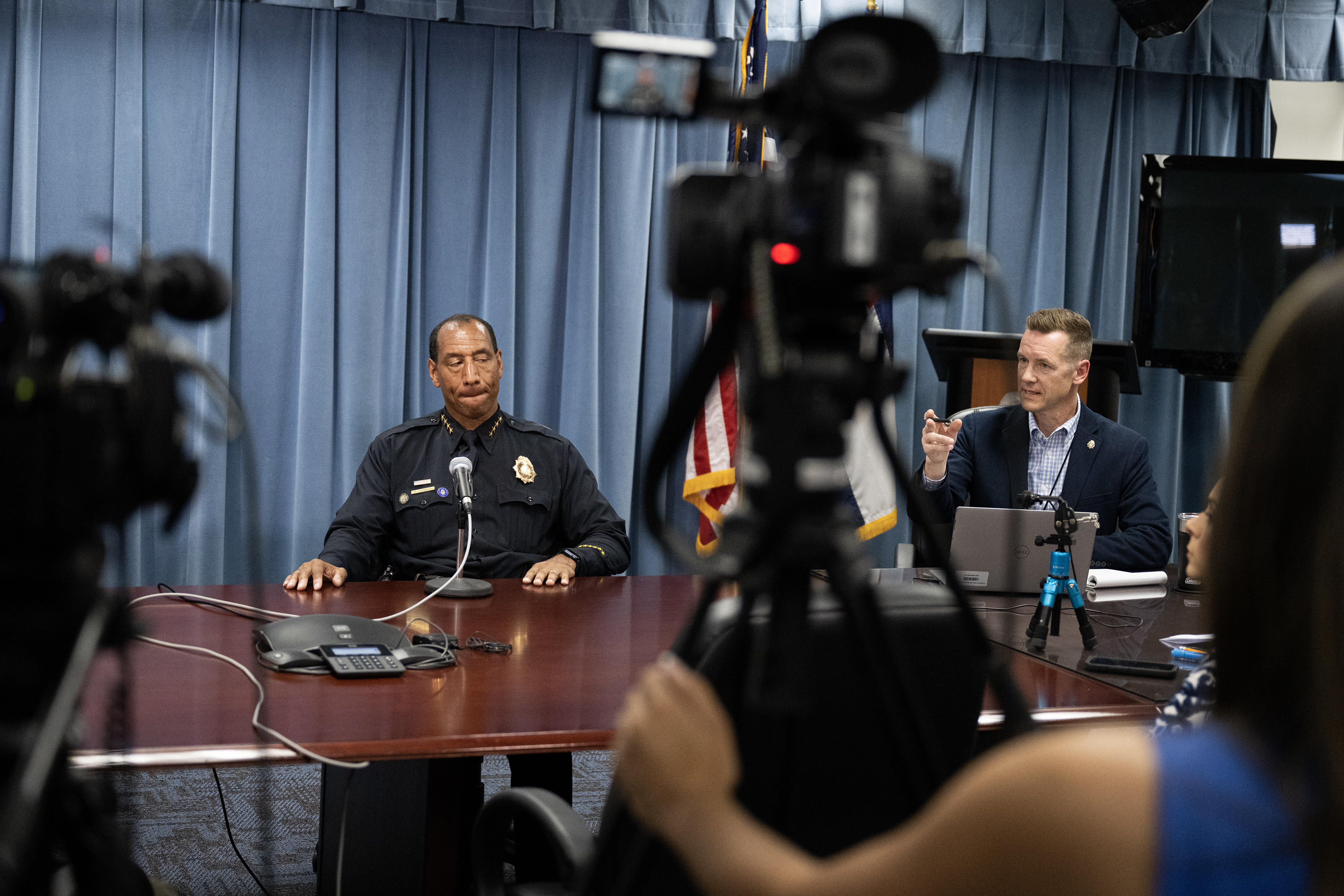 Denver Police Department director of communications Doug Schepman, right, points to the next reporter to ask a question while chief of police Ron Thomas looks on during a roundtable interview with school resource officers on Friday, Aug. 18, 2023, at the Denver Police Department’s headquarters in Denver. (Timothy Hurst/Denver Gazette) (TimHursttim.hurst@gazette.comhttps://secure.gravatar.com/avatar/aca82bd62b4ee425c598527cd6faa1b1?d=mm&r=g)
