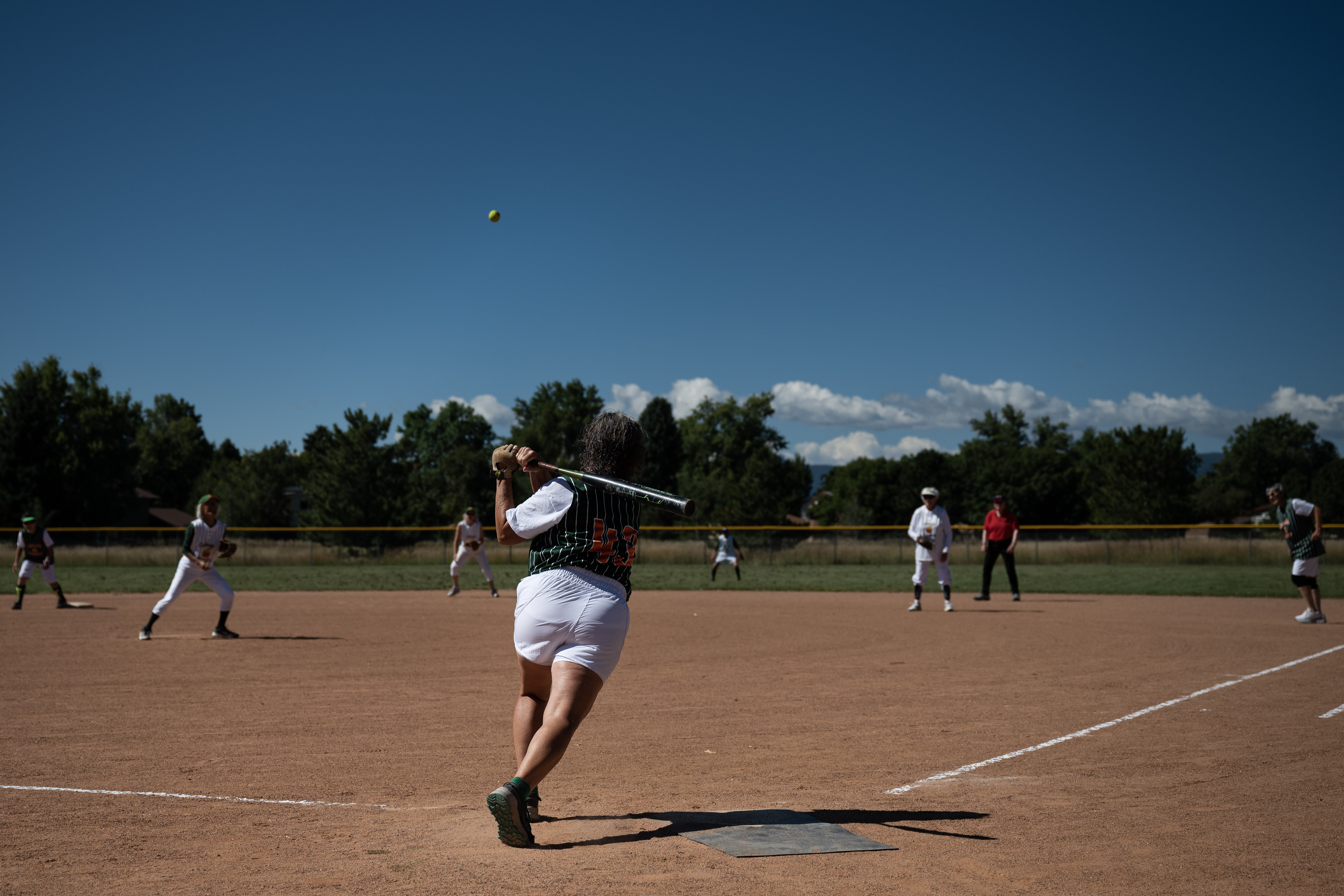 Colorado Peaches Tarts batter Marie Kielar (43) hits a pitch from Turnovers pitcher Suzy Ando (3) to the outfield during the Second Annual Gail Klock Memorial Peach Bowl on Tuesday, Aug. 29, 2023, at Addenbrooke Park in Lakewood, Colo. (Timothy Hurst/Denver Gazette) (TimHursttim.hurst@gazette.comhttps://secure.gravatar.com/avatar/aca82bd62b4ee425c598527cd6faa1b1?d=mm&r=g)