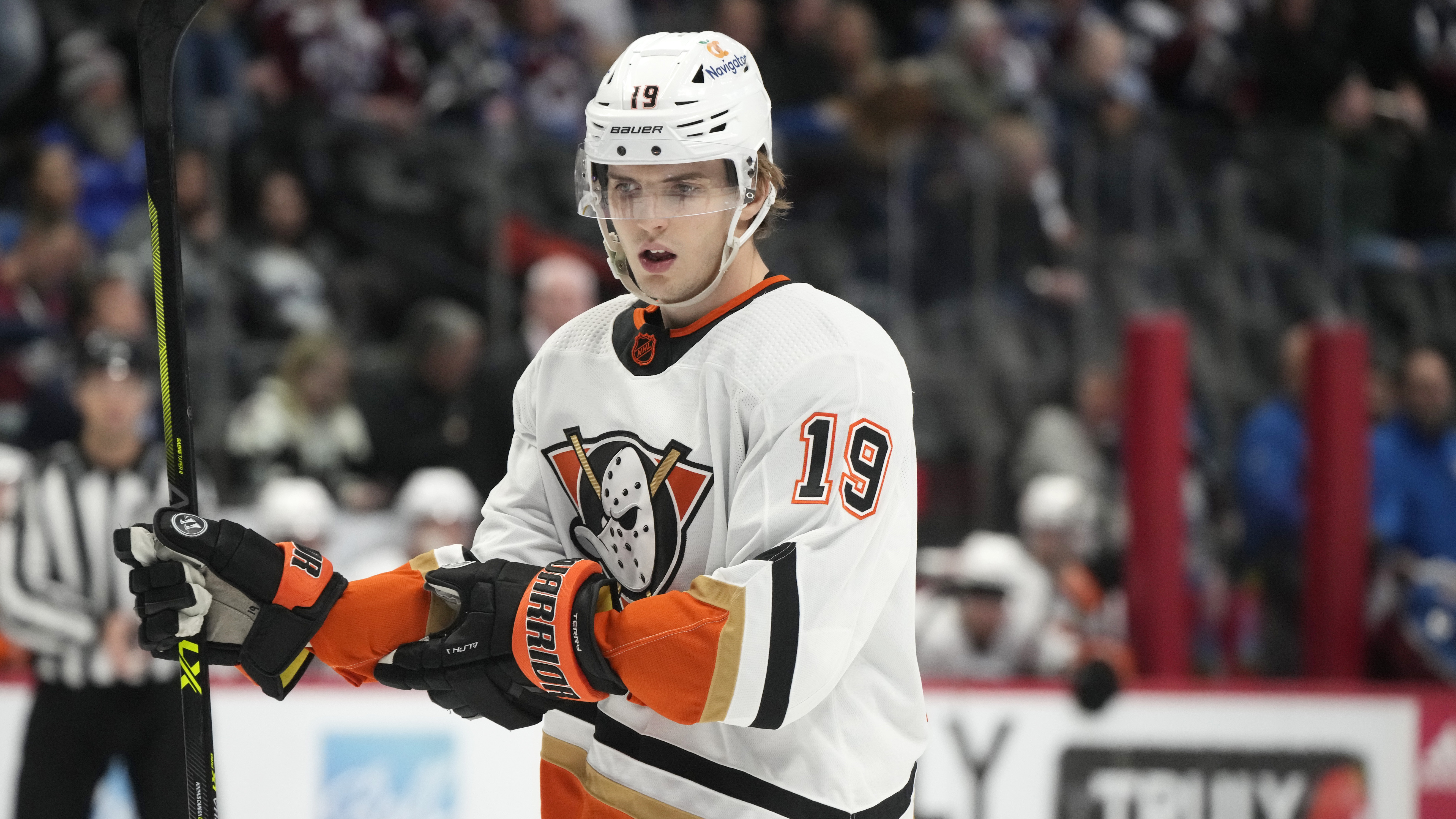Anaheim Ducks right wing Troy Terry (19) in the second period of an NHL hockey game Thursday, Jan. 26, 2023, in Denver. (AP Photo/David Zalubowski) (David Zalubowski)