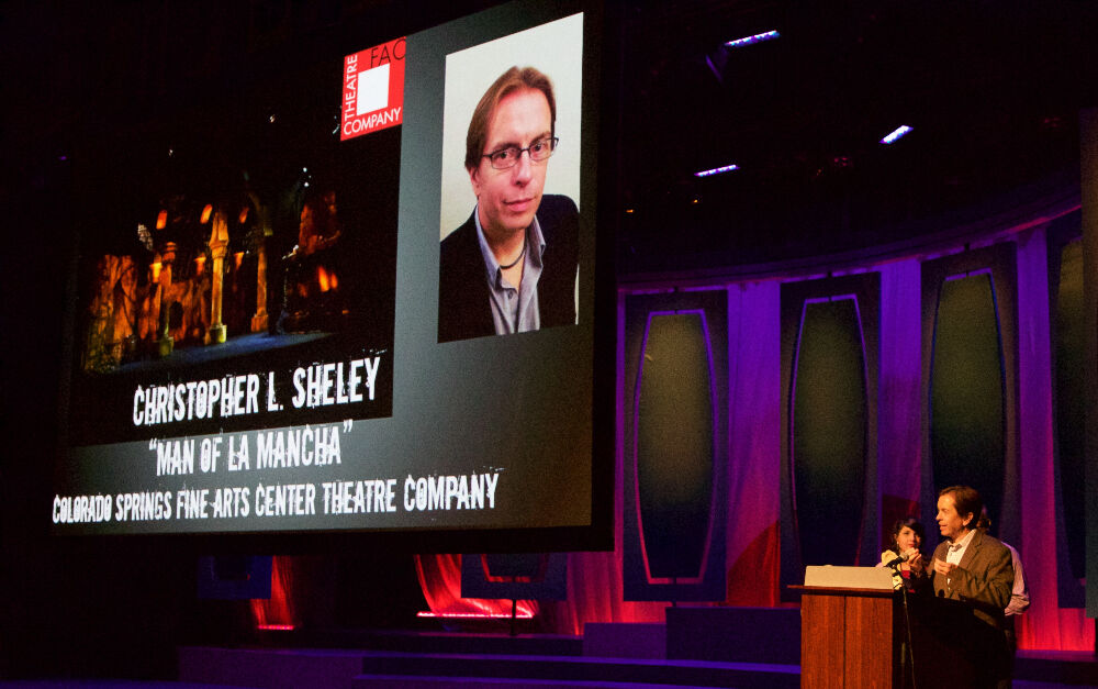 Newly promoted Fine Arts Center Theatre Company Producing Artistic Director Christopher L. Sheley accepted the 2017 Henry Award for his scenic design for 'Man of La Mancha.' (John Moore, Denver Gazette)