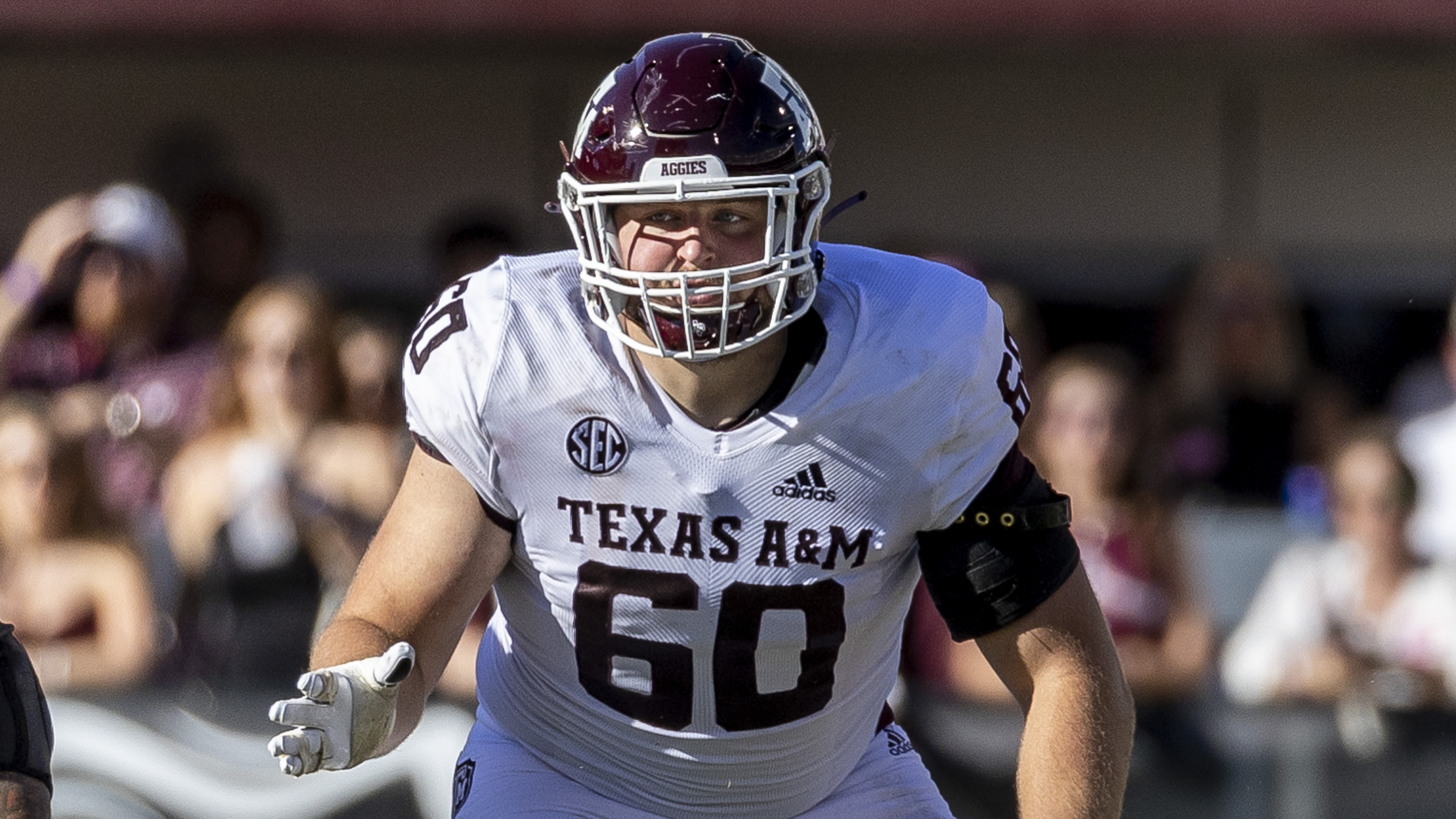 Texas A&M offensive lineman Trey Zuhn III (60) during an NCAA football game on Saturday, Oct. 1, 2022, in Starkville, Miss. (AP Photo/Vasha Hunt) (Vasha Hunt)