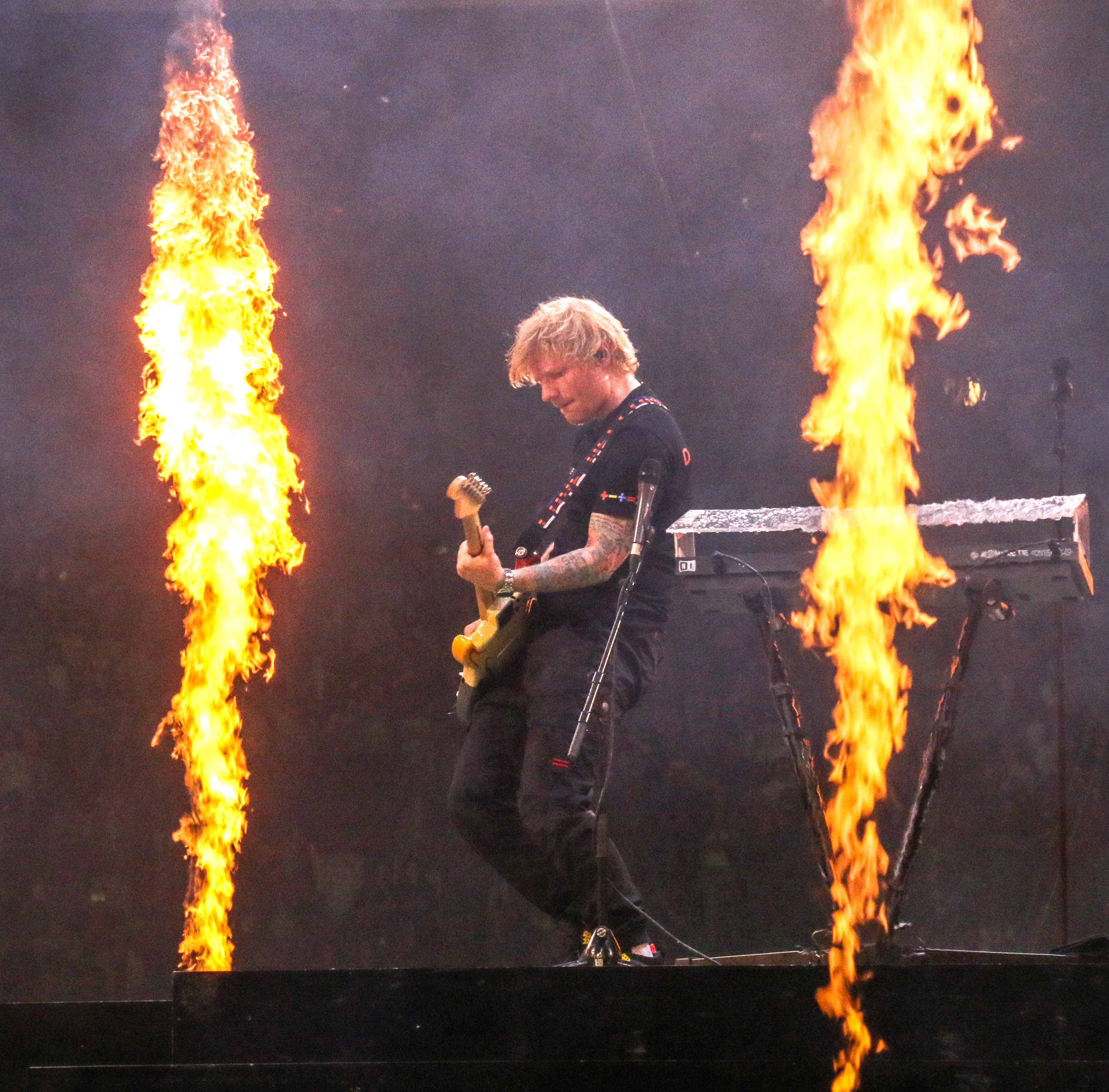Ed Sheeran came to the stage after a three-hour lightning delay and then delivered for the largest crowd ever to gather for a concert at Empower Field at Mile High Stadium on Aug. 19, 2023. (JOHN MOORE, Denver Gazette)