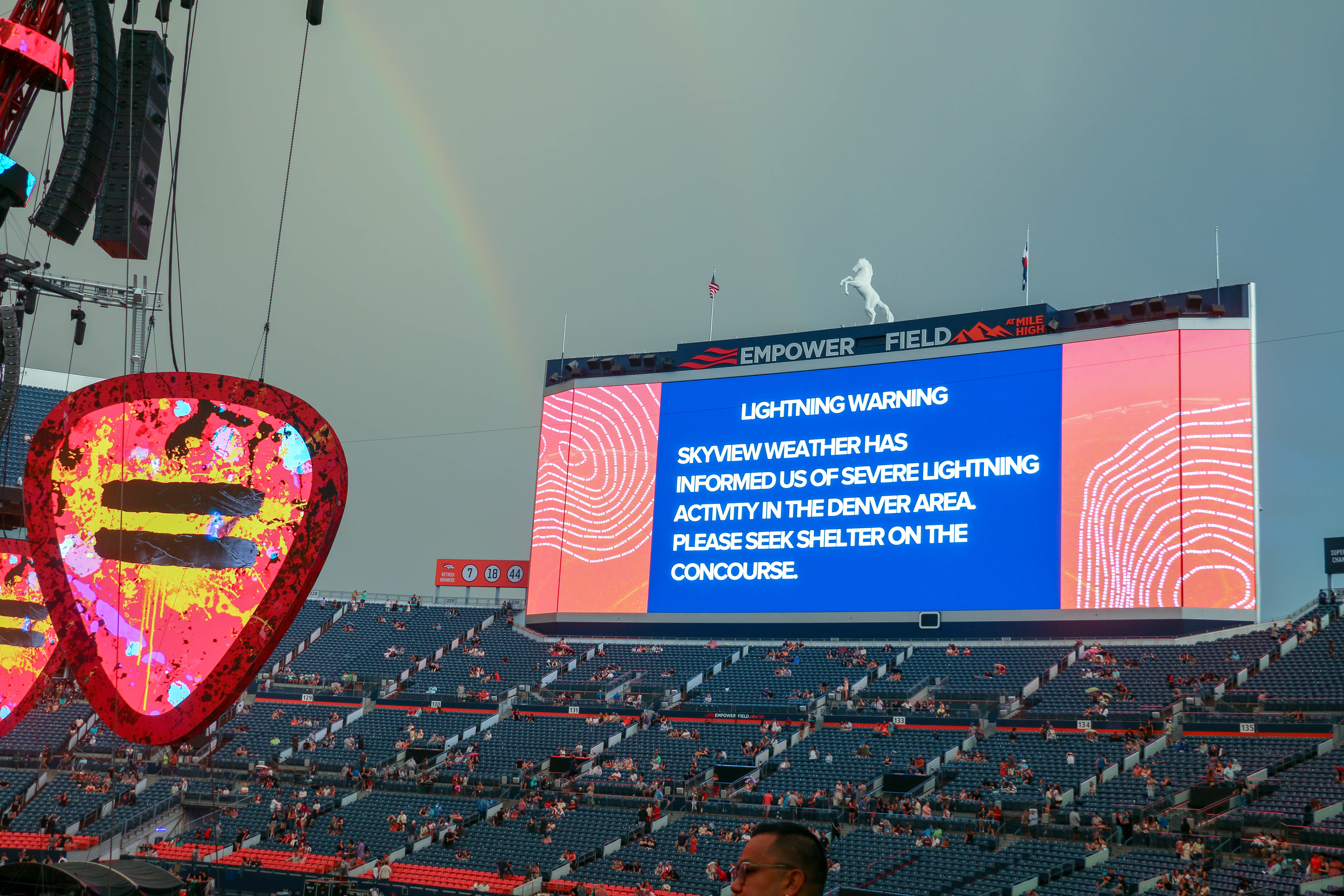 The National Weather Service issued a severe lightning advisory that delayed the Ed Sheeran concert by three hours on Aug. 19, 2023. (JOHN MOORE, Denver Gazette)