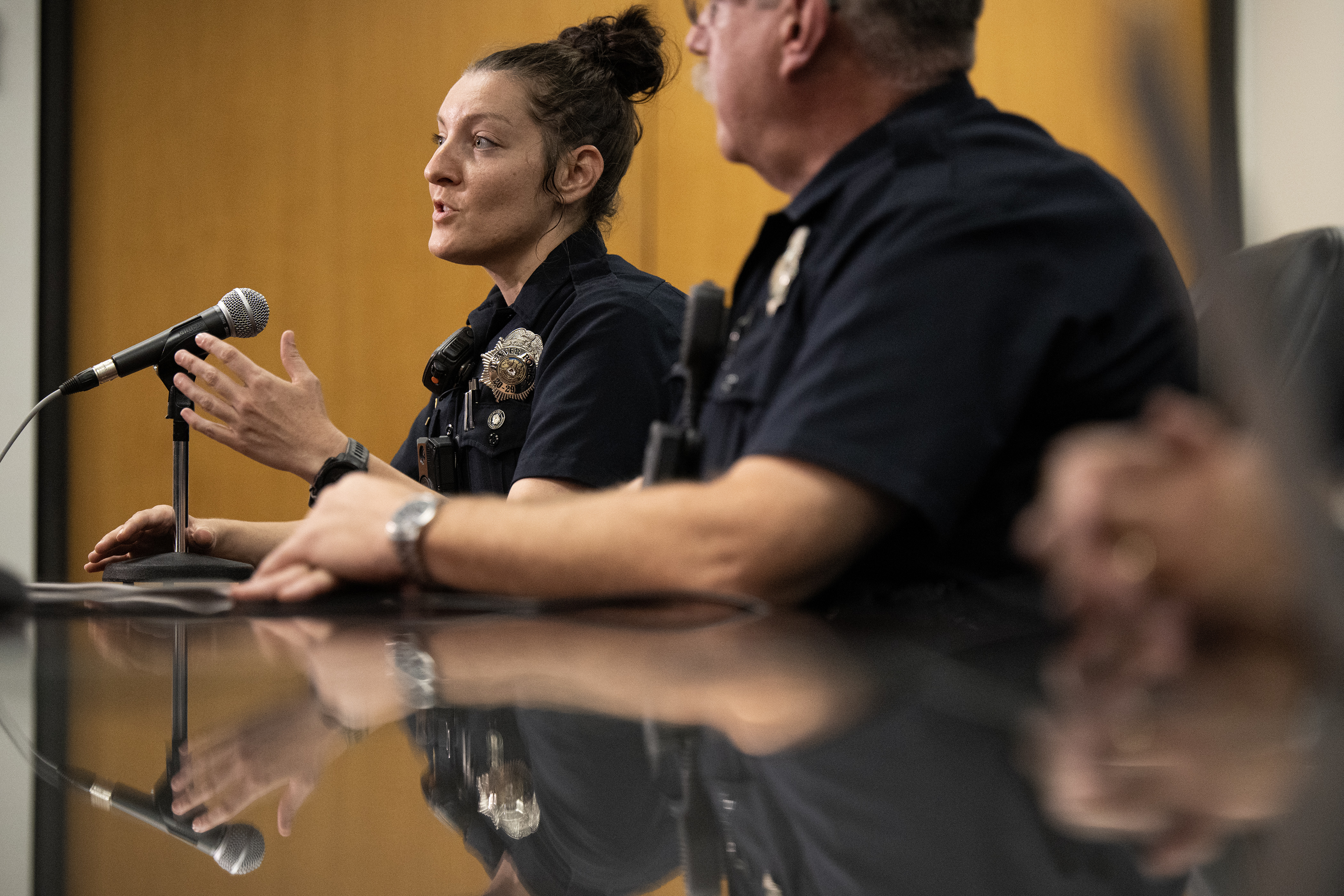 Denver Police Department school resource officer Stephanie Reyes answers a question during a roundtable interview with school resource officers on Friday, Aug. 18, 2023, at the Denver Police Department’s headquarters in Denver. (Timothy Hurst/Denver Gazette) (TimHursttim.hurst@gazette.comhttps://secure.gravatar.com/avatar/aca82bd62b4ee425c598527cd6faa1b1?d=mm&r=g)