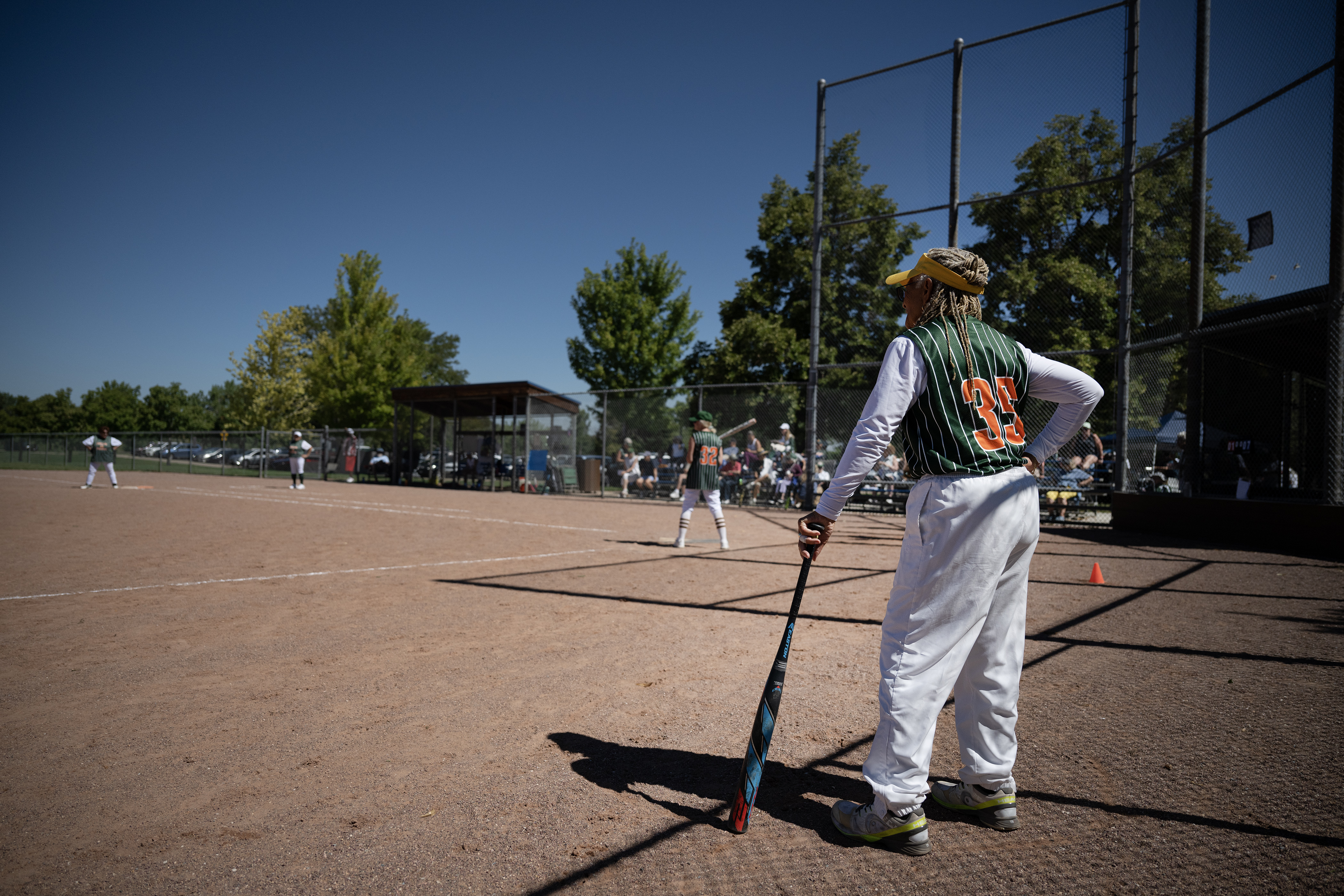 Colorado Peaches Pies players Bonnie Champion (35), waits on-deck during the forth inning against the Schnapps during the Second Annual Gail Klock Memorial Peach Bowl on Tuesday, Aug. 29, 2023, at Addenbrooke Park in Lakewood, Colo. (Timothy Hurst/Denver Gazette) (TimHursttim.hurst@gazette.comhttps://secure.gravatar.com/avatar/aca82bd62b4ee425c598527cd6faa1b1?d=mm&r=g)