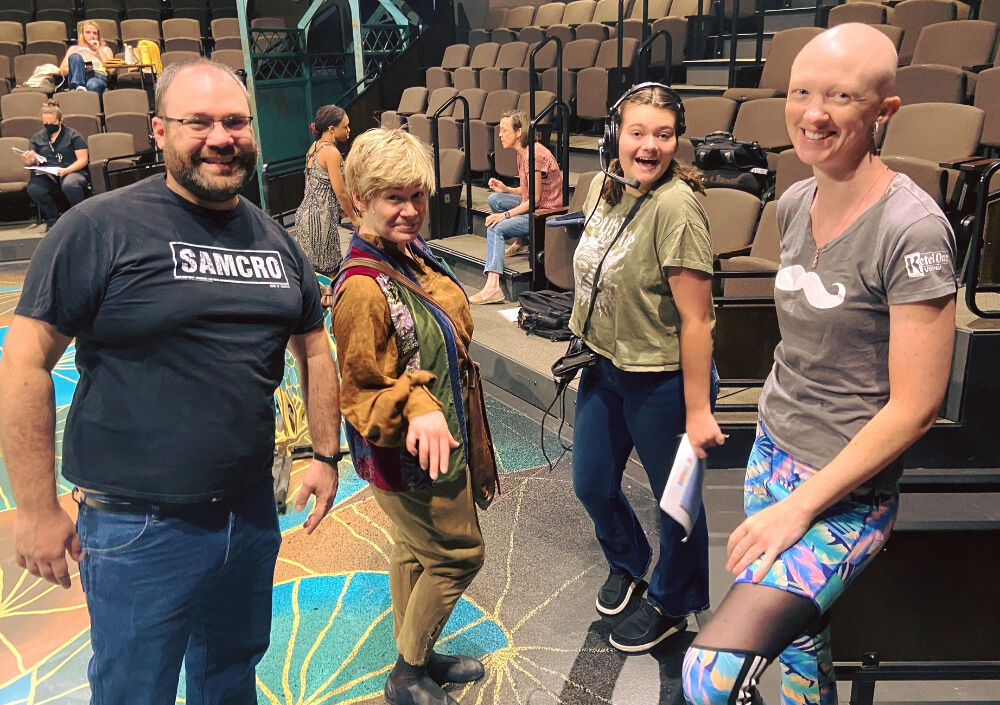 Rehearsal for Phamaly's 'A Midsummer Night's Dream,' with, from left: Artistic Director Ben Raanan, actor Emma Maxfield, Assistant Stage Manager Jasmine Hardin and Assistant Director Rachel McCombs-Graham on the Kilstrom Theatre stage during tech week. (Courtesy: Phamaly Theatre Company)