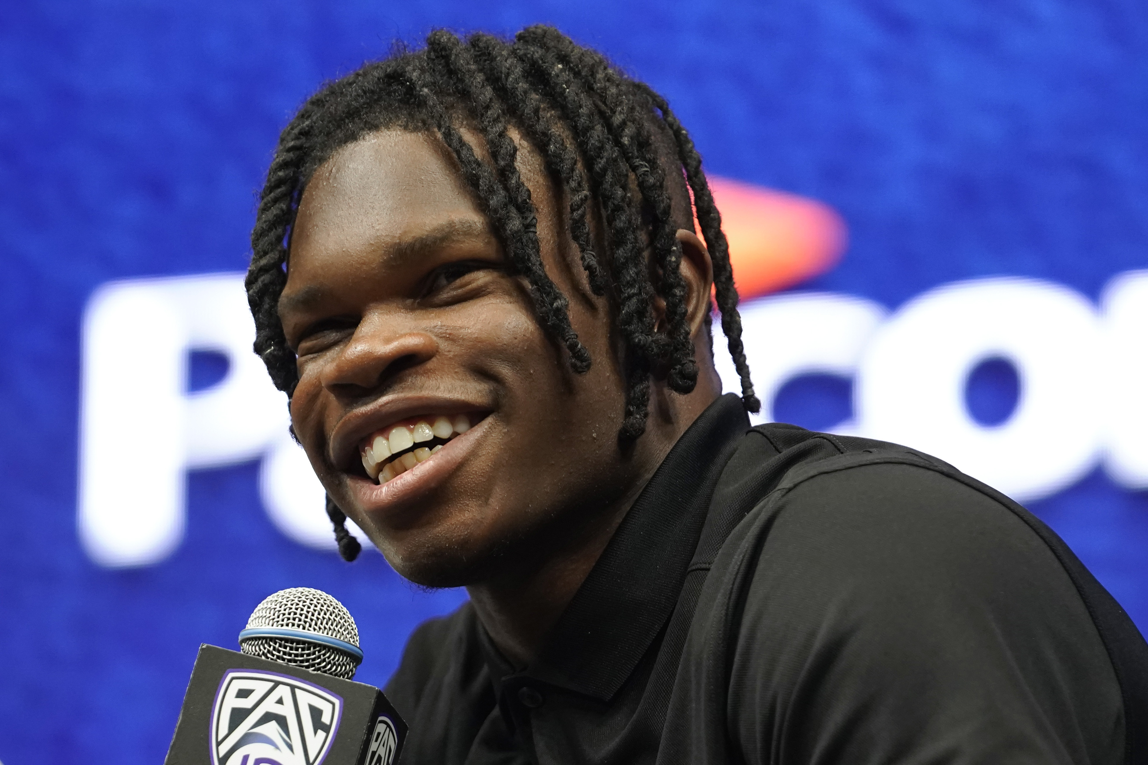 Colorado cornerback/wide receiver Travis Hunter speaks at an NCAA college football Pac-12 media day Friday, July 21, 2023, in Las Vegas. (AP Photo/Lucas Peltier) (Lucas Peltier)