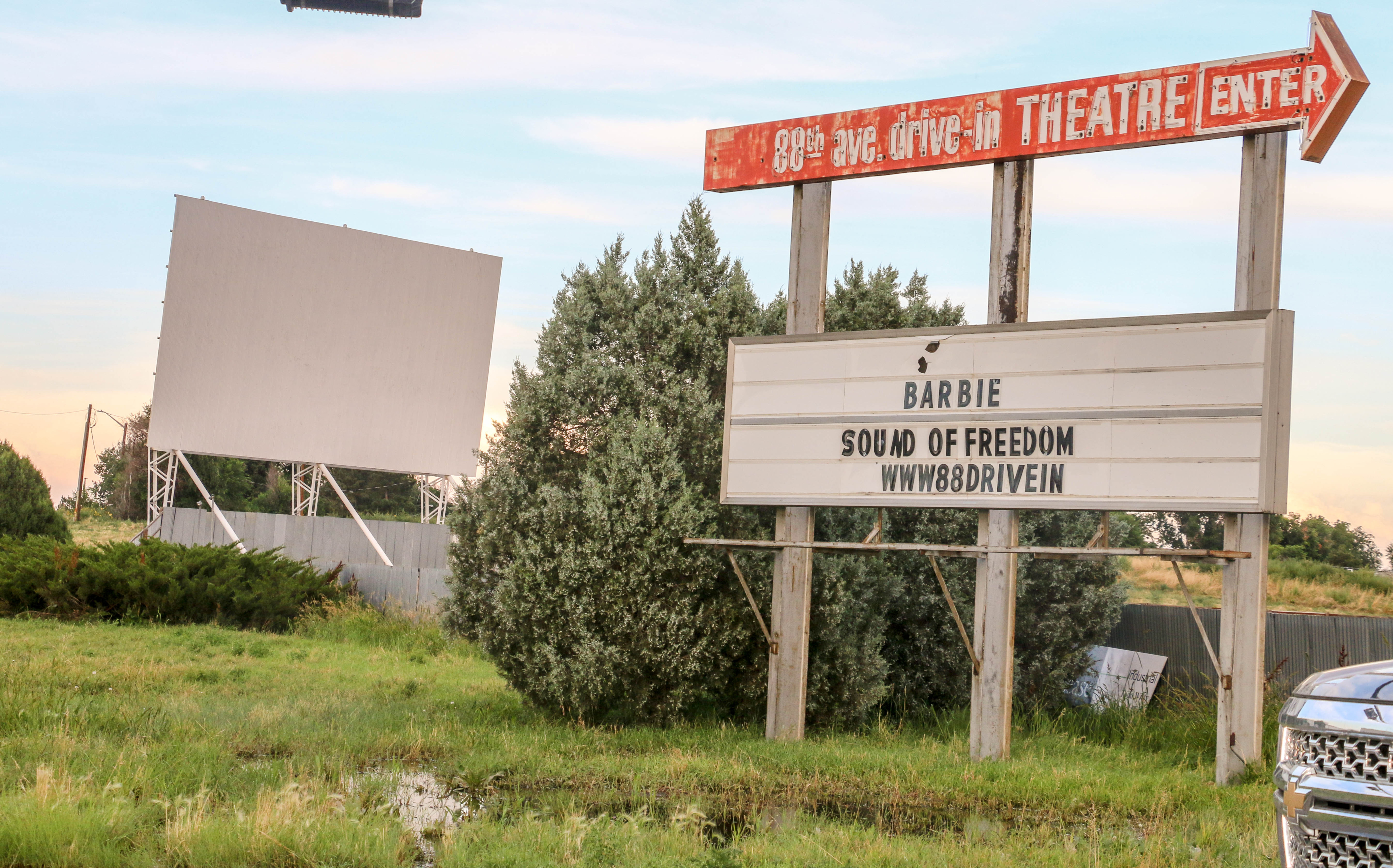The marquee that welcomes passersby on 88th Avenue and Rosemary Street in front of the 51-year-old 88 Drive-in in Commerce City. Photo taken Aug. 8, 2023. (John Moore, Denver Gazette)
