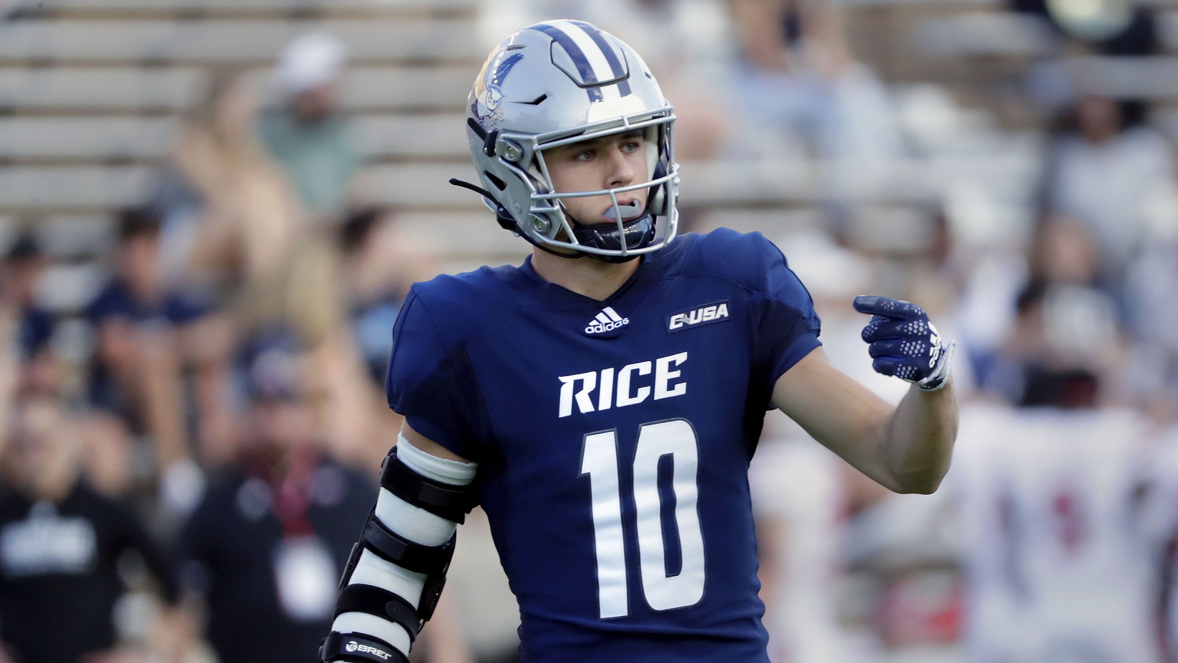 Rice wide receiver Luke McCaffrey (10) during an NCAA football game on Saturday, Sept. 7, 2022, in Houston. (AP Photo/Michael Wyke). (Michael Wyke)