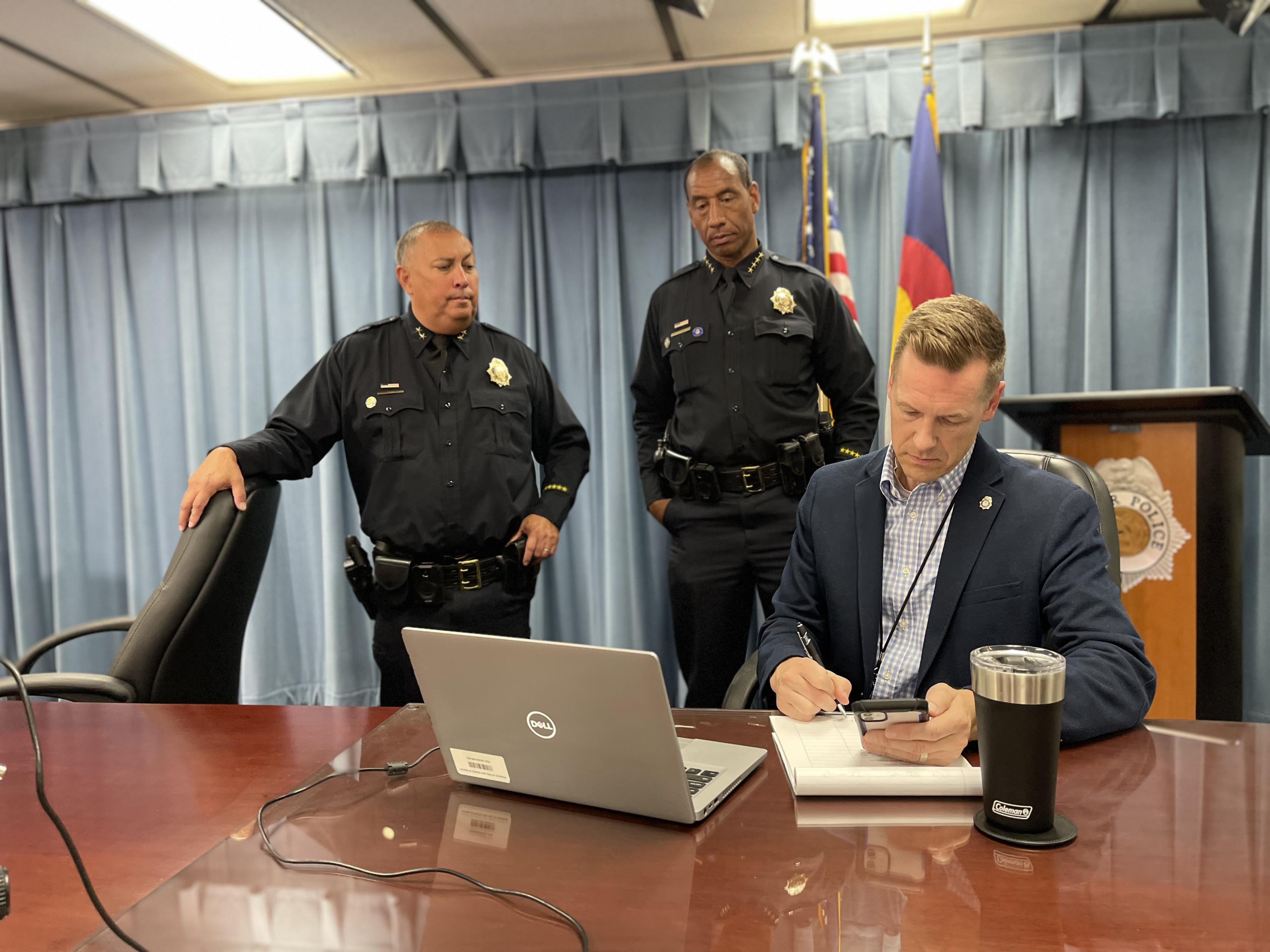 Denver Police Department Division Chief Aaron Sanchez (left) chats with Chief Ron Thomas and police department spokesman Doug Schepmann before a press conference Friday to talk about the return of school resource officers to Denver schools. (NicoBrambilanico.brambila@denvergazette.comhttps://denvergazette.com/content/tncms/avatars/4/ec/74a/4ec74aa2-71b0-11ed-af6f-0f0ae7acf7b0.d52fca74e95503d77da50127c9ff4e2d.png)
