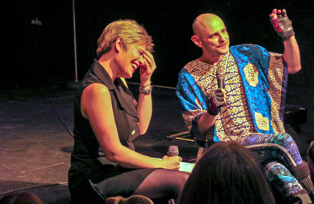 'Into the Fire' co-host Emma Maxfield chats with actor and disability advocate B. Glick at the Bug Theatre on Monday, Aug. 14.