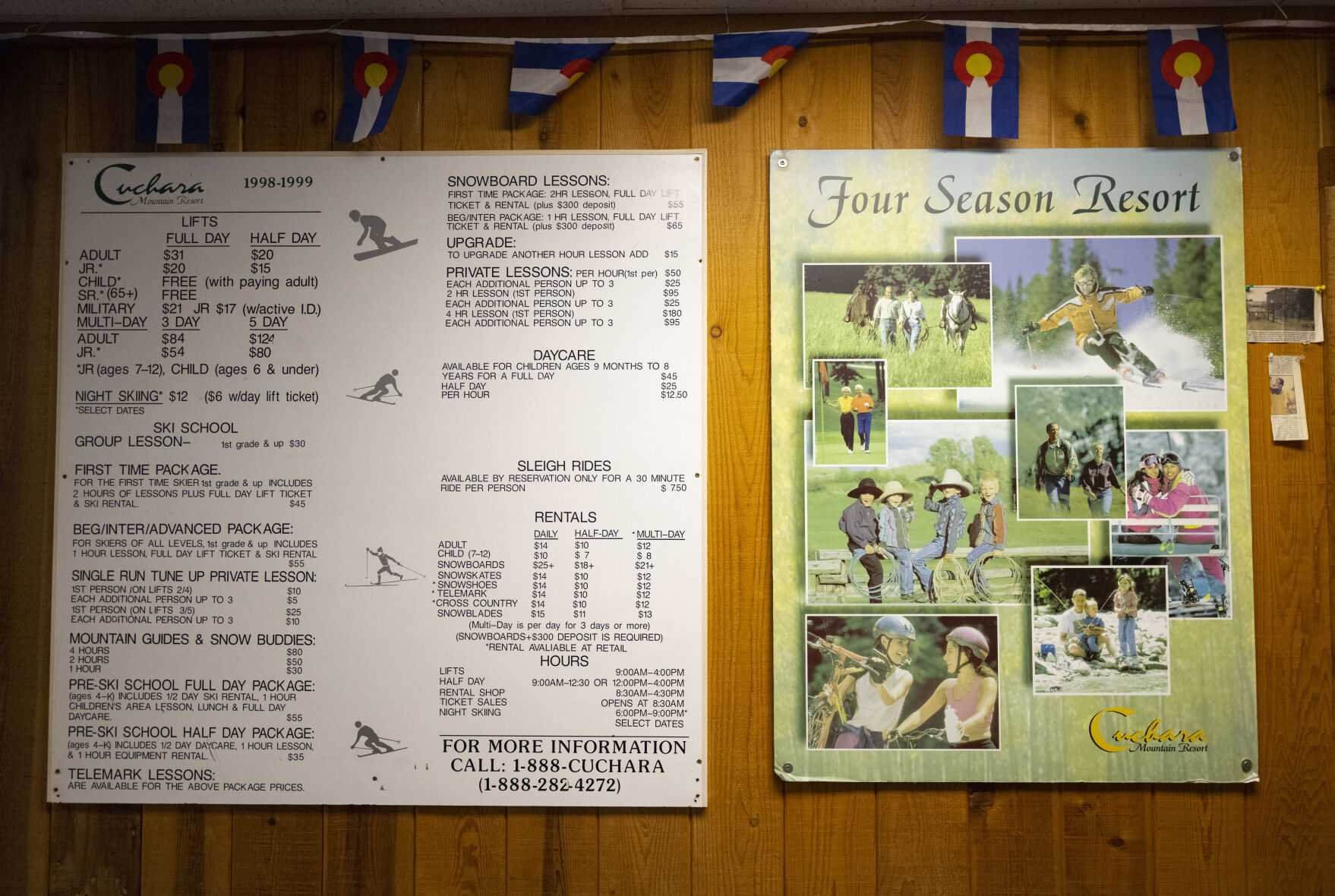 Signs from the last season of skiing at Cuchara Mountain Resort hang in the hallway of the lodge Tuesday, Aug. 1, 2023. A local nonprofit group is trying to bring the ski area back to life. (The Gazette, Christian Murdock) (Christian Murdock/The Gazette)