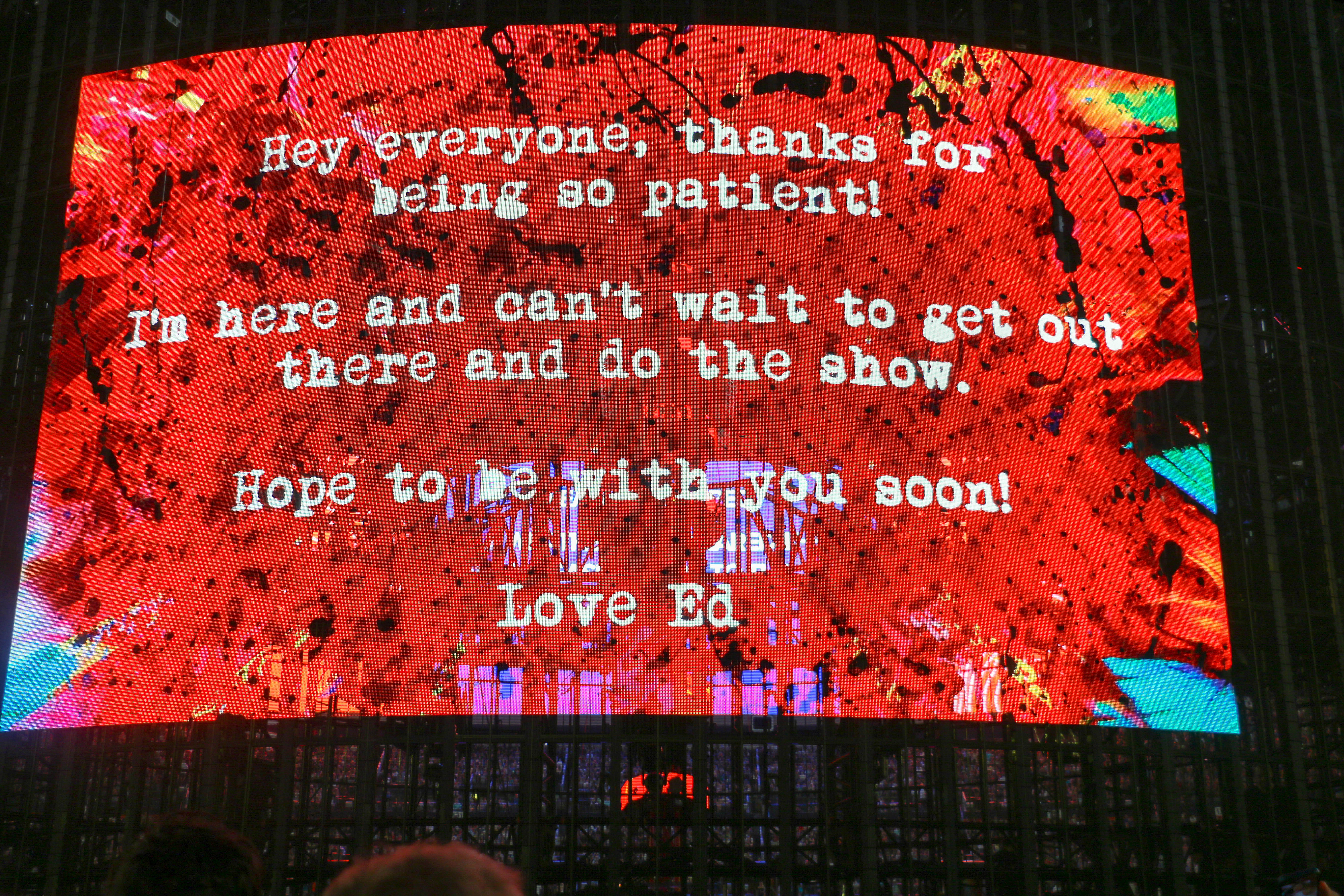 Ed Sheeran sent a message to the crowd during the rain delay before his concert at Empower Field at Mile High Stadium in Denver on Aug. 19, 2023. (JOHN MOORE, Denver Gazette)