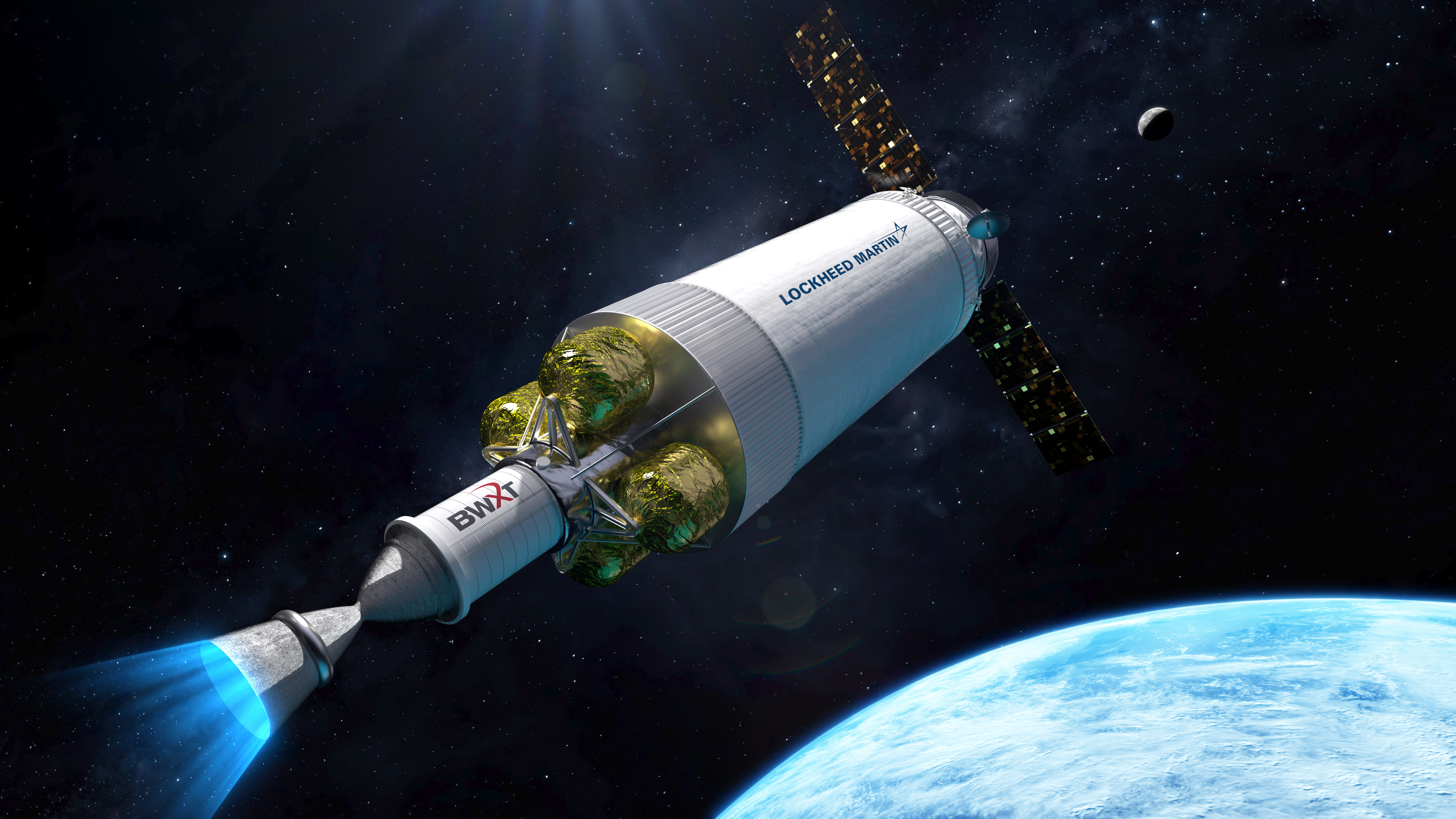 Illustration of a the DRACO spacecraft being developed by Lockheed Martin for Defense Advanced Research Projects Agency that will demonstrate thermal nuclear engine technology. (Courtesy of Lockheed Martin)