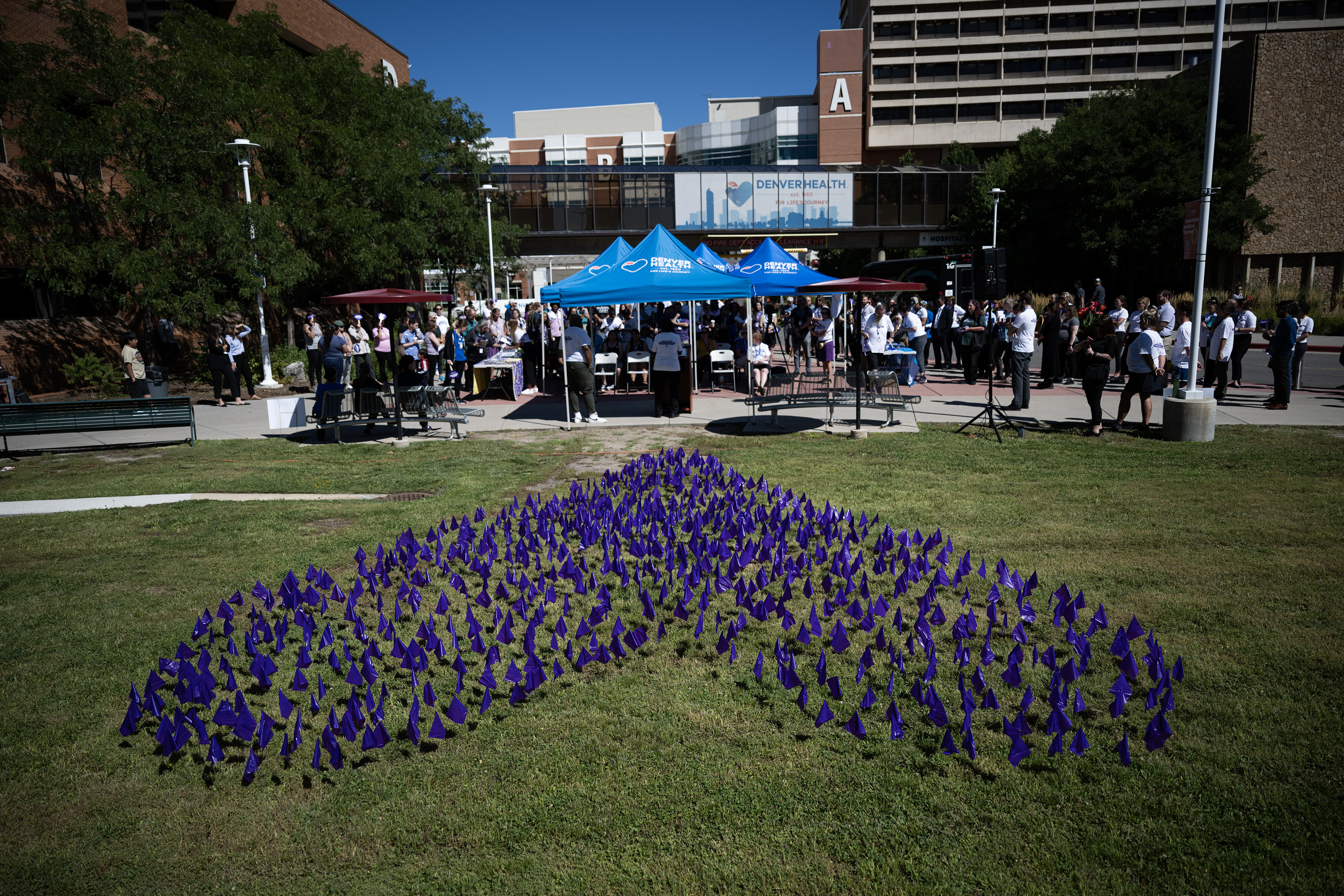 Flags arranged in the shape of a heart are displayed to mark the 1,799 overdose deaths in Colorado in 2022 during an event to mark International Overdose Awareness Day on Thursday, Aug. 31, 2023, at the Denver Health main campus in Denver. (Timothy Hurst/Denver Gazette) (TimHursttim.hurst@gazette.comhttps://secure.gravatar.com/avatar/aca82bd62b4ee425c598527cd6faa1b1?d=mm&r=g)