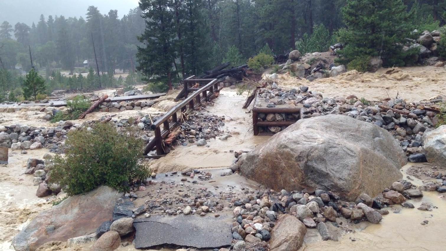 FILE PHOTO: Alluvial Fan Bridge on September 12, 2013, during major flooding event. Courtesy Rocky Mountain National Park (Courtesy: Rocky Mountain National Park)