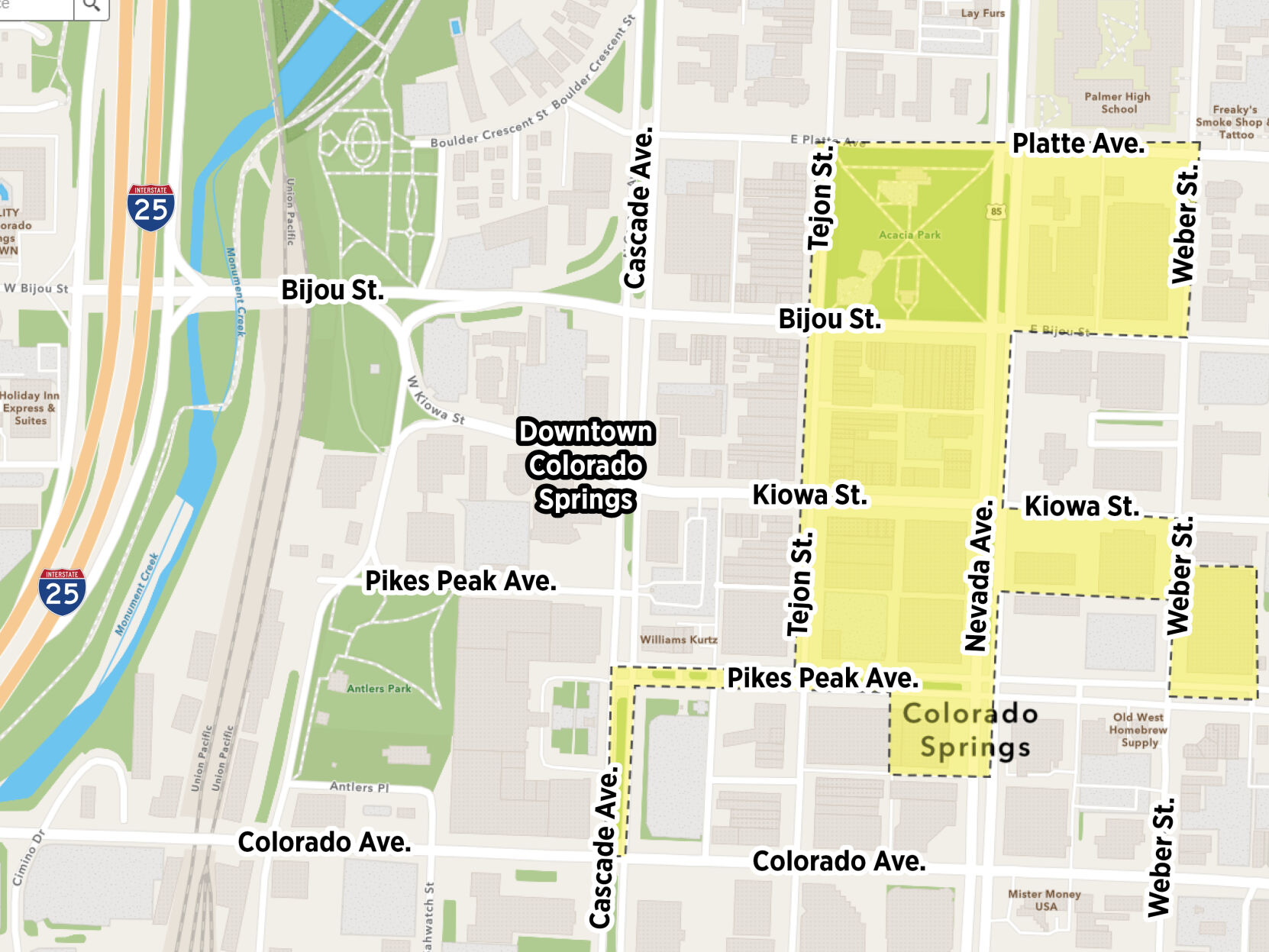 Power outage areas Monday night, Sept. 11, 2023, after an underground fire in downtown Colorado Springs. (Via Colorado Springs Utilities)