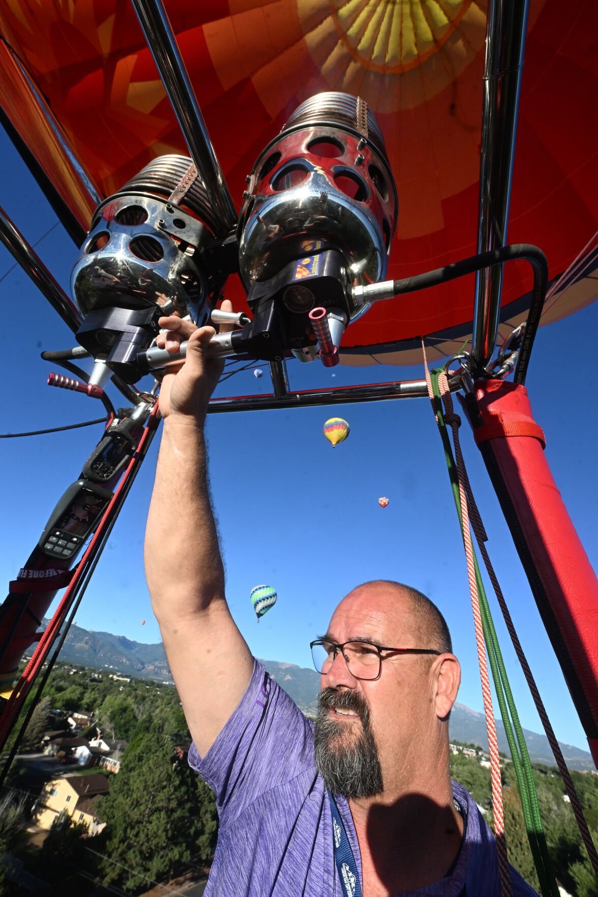 Mike “Heff” Heffron pilots the Coddiwomple during the Colorado Springs Labor Day Lift Off on Monday, Sept. 4, 2023. (Photo by Jerilee Bennett, The Gazette)