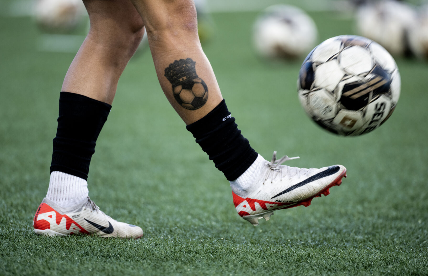 A Colorado Springs Switchbacks FC player bounces a ball during warm ups before a game at Weidner Field on Saturday, Sept. 23, 2023. (Parker Seibold, The Gazette) (Parker Seibold)