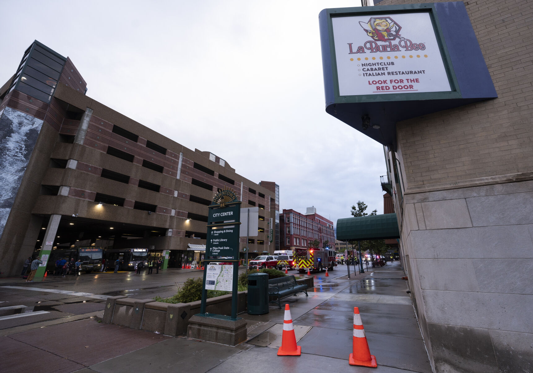 Kiowa Street remained closed early Monday morning Sept. 11, 2023, as firefighters and Colorado Springs Utilities workers investigate an early morning fire underground. (The Gazette, Christian Murdock) (Christian Murdock/The Gazette)