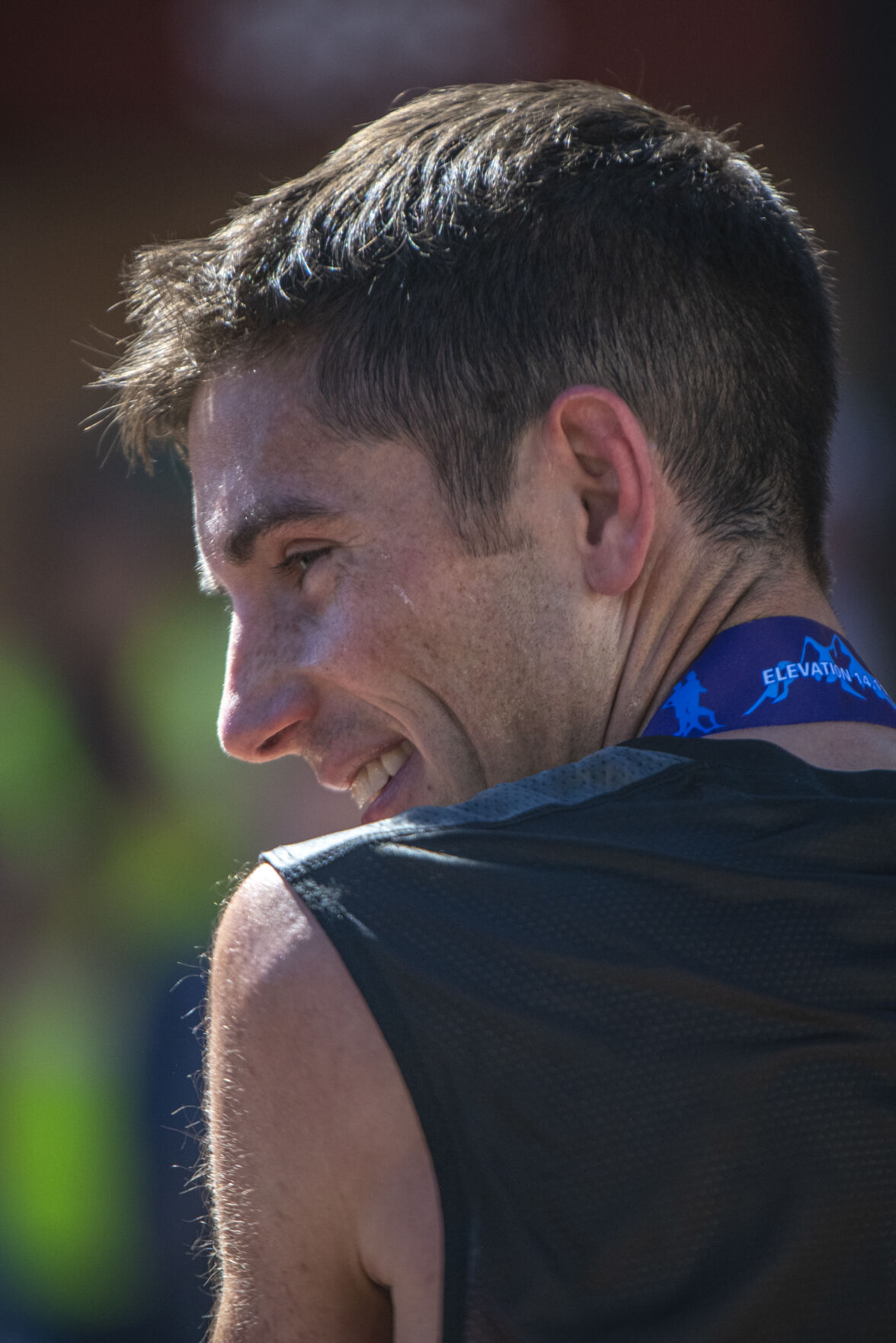 Pikes Peak Marathon 2022 Winner Jonathan Aziz smiles at the finish line for the 2023 Pikes Peak Marathon in Manitou Springs on Sunday, September 17, 2023. (Gabi Broekema)