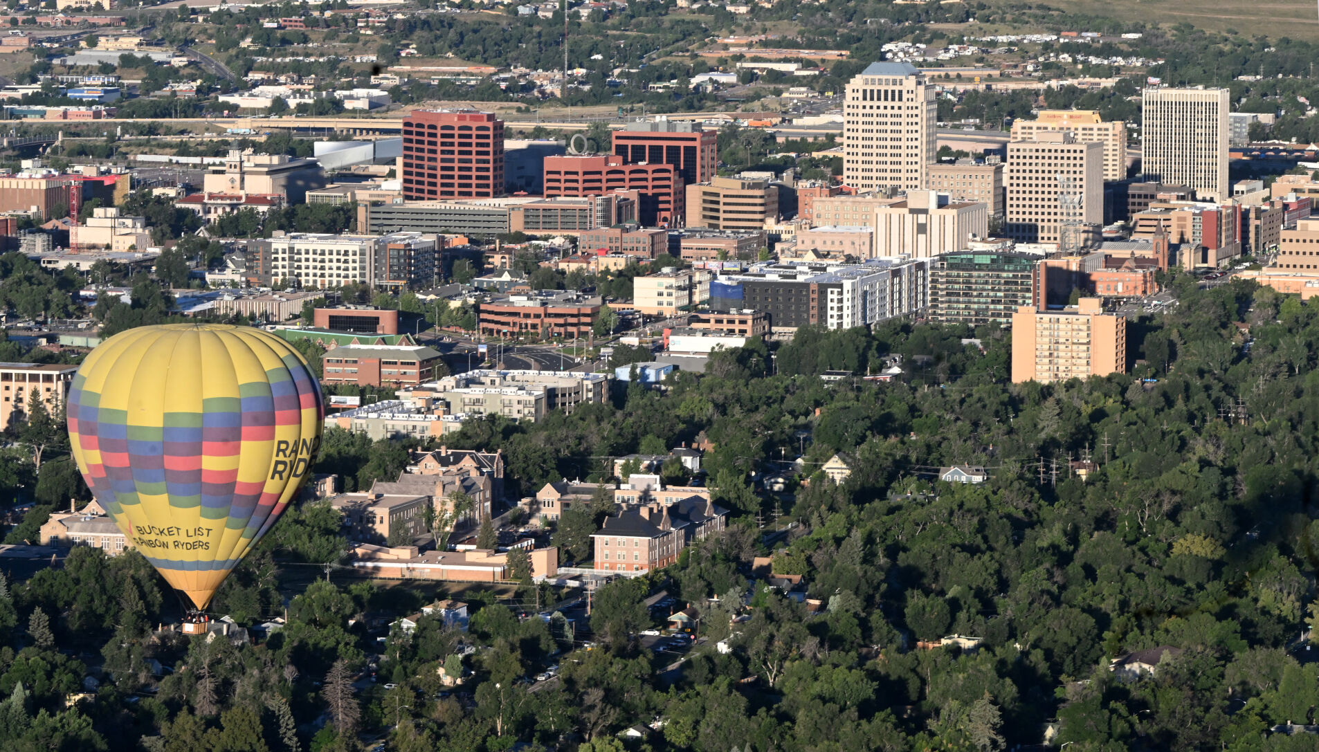 A balloon flies near downtown Colorado Springs on Monday, Sept. 4, 2023 during the Colorado Springs Labor Day Lift Off. (Photo by Jerilee Bennett, The Gazette)