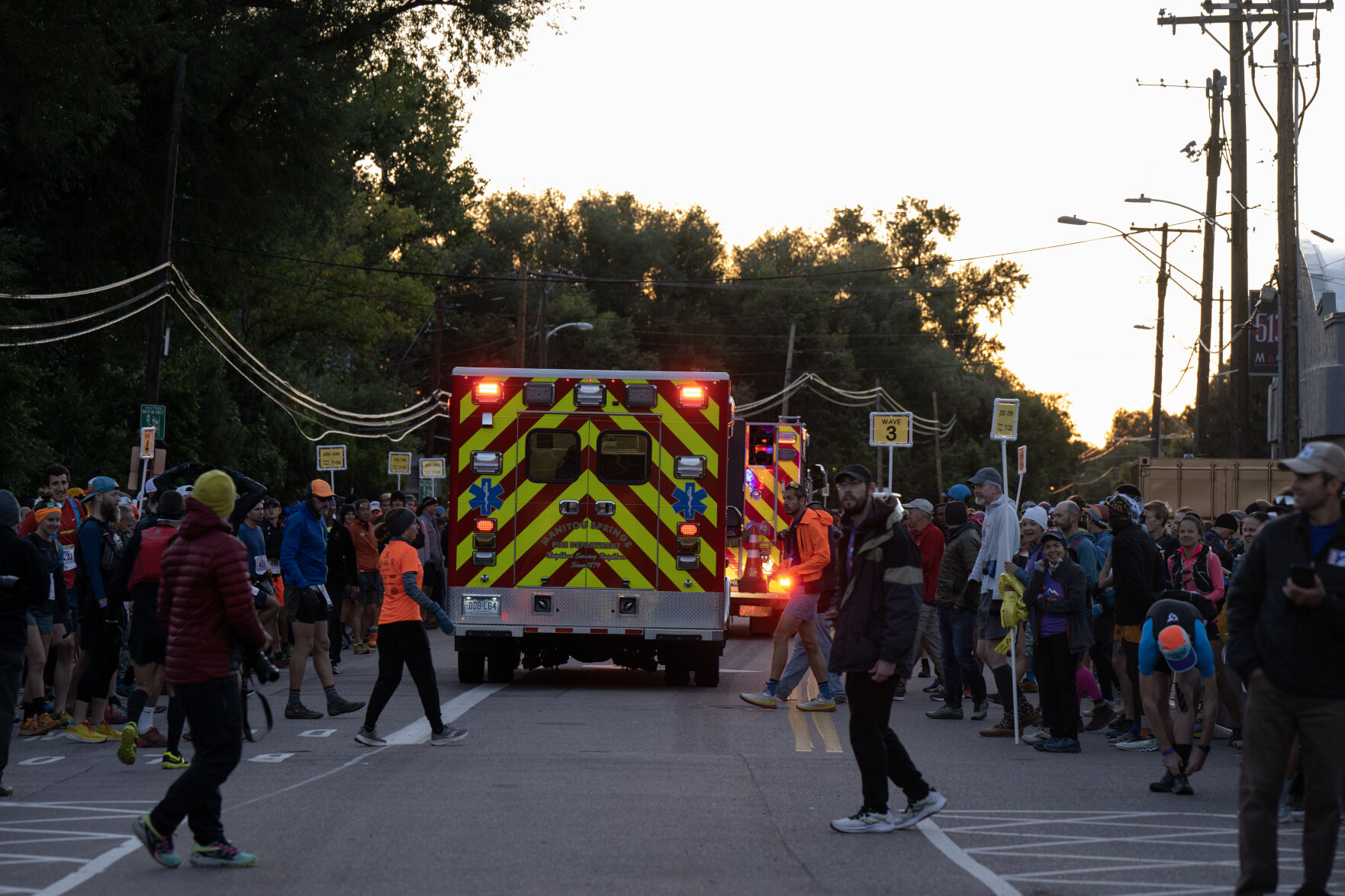 Fire trucks pull through the starting area of the Pikes Peak Ascent on Saturday, Sept. 16, 2023. (Parker Seibold, The Gazette) (Parker Seibold)