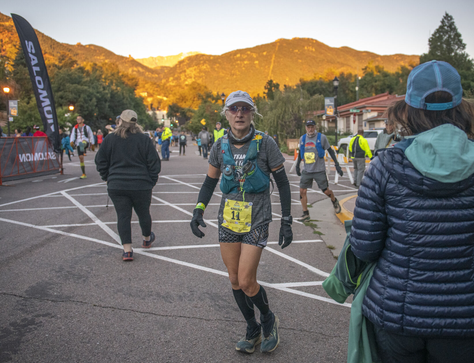 Pikes Peak Marathon placer Kimberly Greer of Larkspur warms up before the start of the Pikes Peak Marathon in Manitou Springs on Sunday, September 17, 2023. (Gabi Broekema)