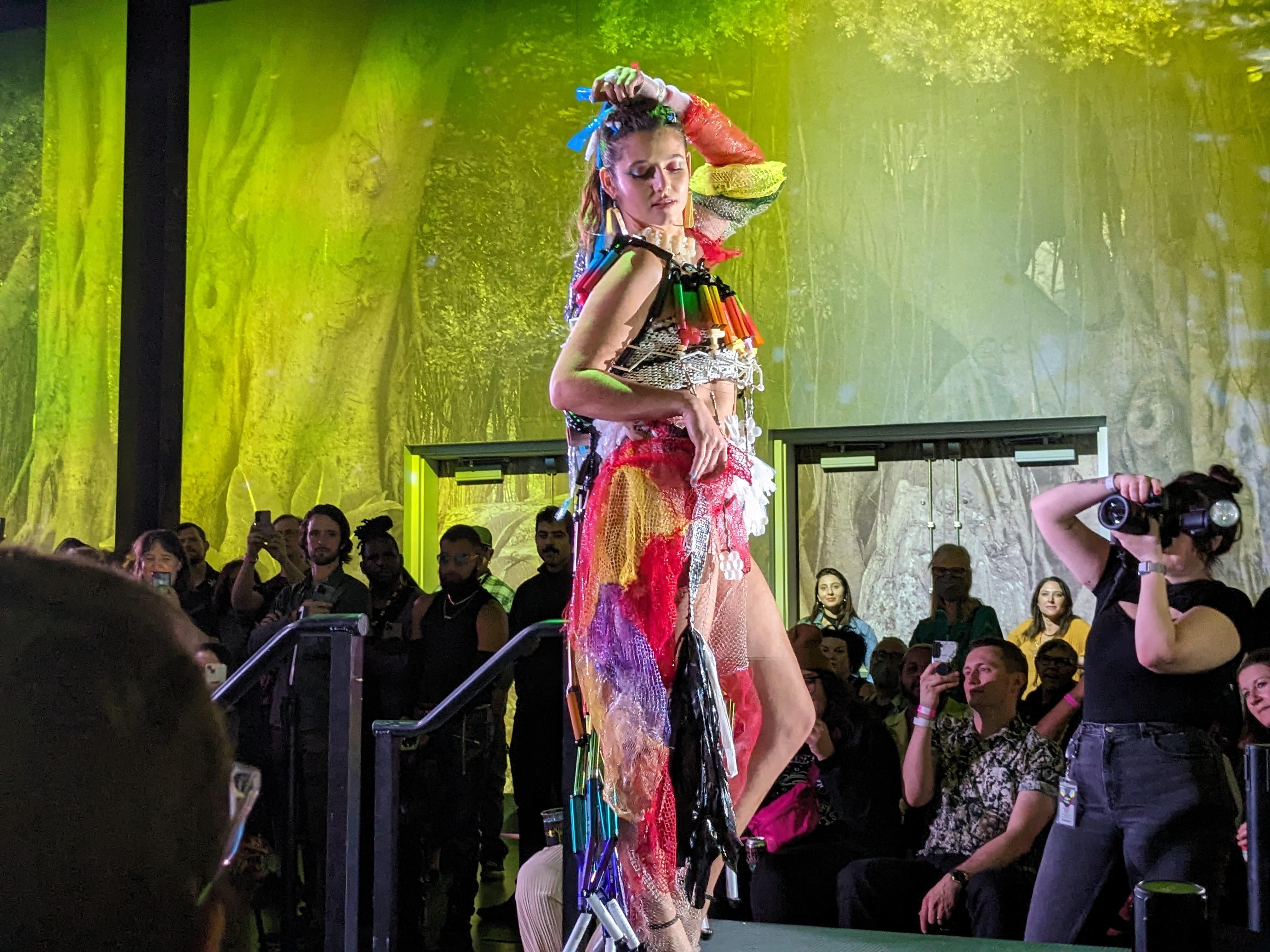 An outfit made of disposable vapes, designed by Musa Mahoney, at the 