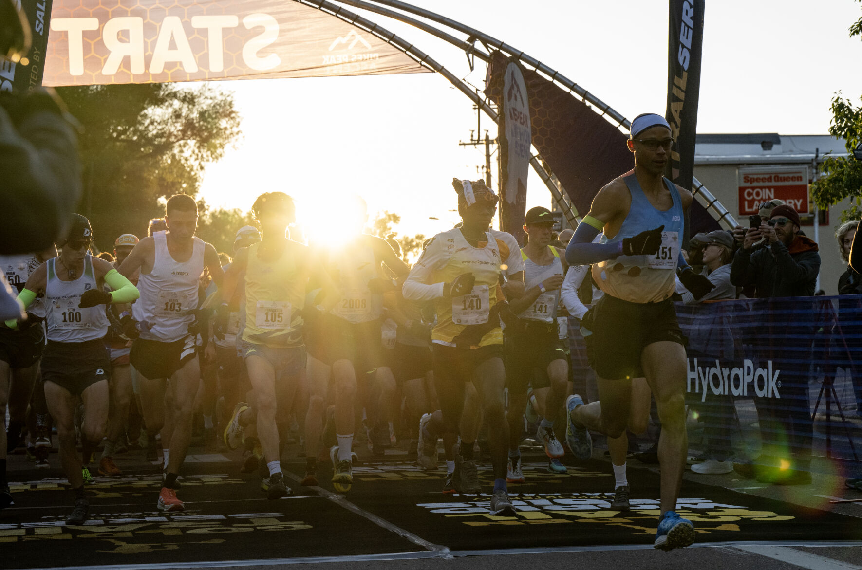 The first wave of runners takes off from the starting line at the Pikes Peak Ascent on Saturday, Sept. 16, 2023. (Parker Seibold, The Gazette) (Parker Seibold)