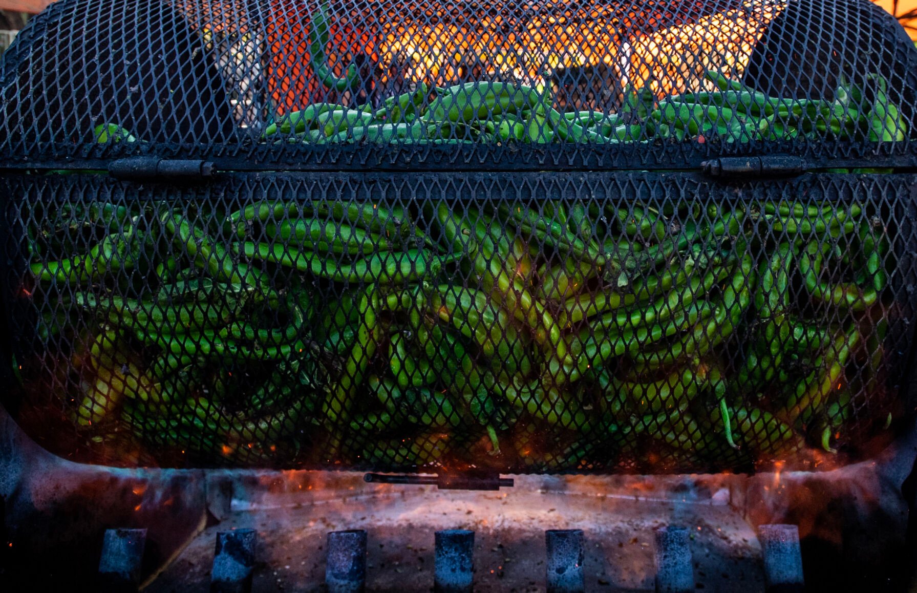 Chiles roast during the 29th Annual Pueblo Chile and Frijoles Festival in Pueblo, Colo., on Friday, Sept. 22, 2023. (Parker Seibold, The Gazette) (Parker Seibold)