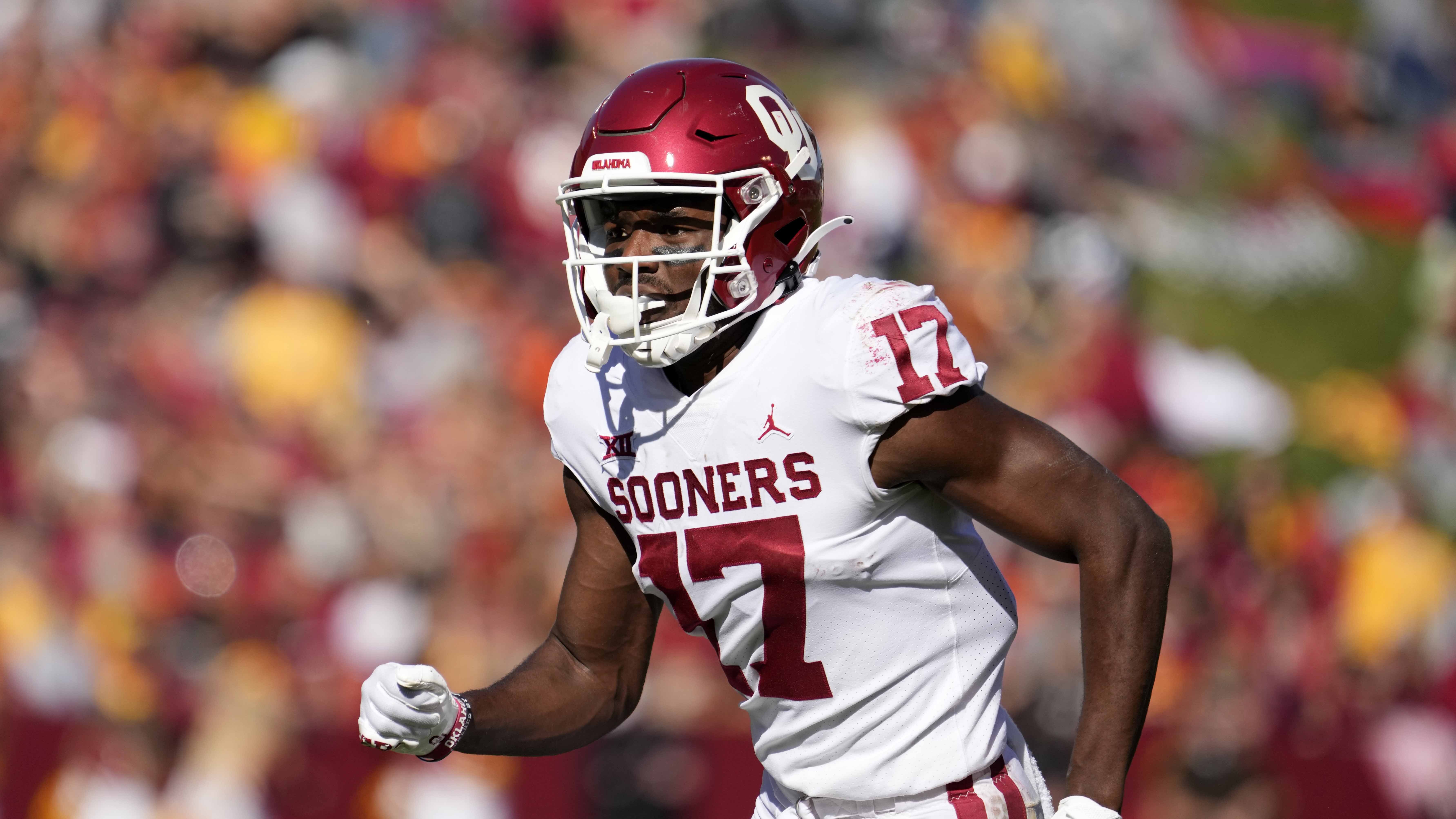 Oklahoma wide receiver Marvin Mims (17) runs up field during an NCAA college football game against Iowa State, Saturday, Oct. 29, 2022, in Ames, Iowa. (AP Photo/Charlie Neibergall) (Charlie Neibergall)