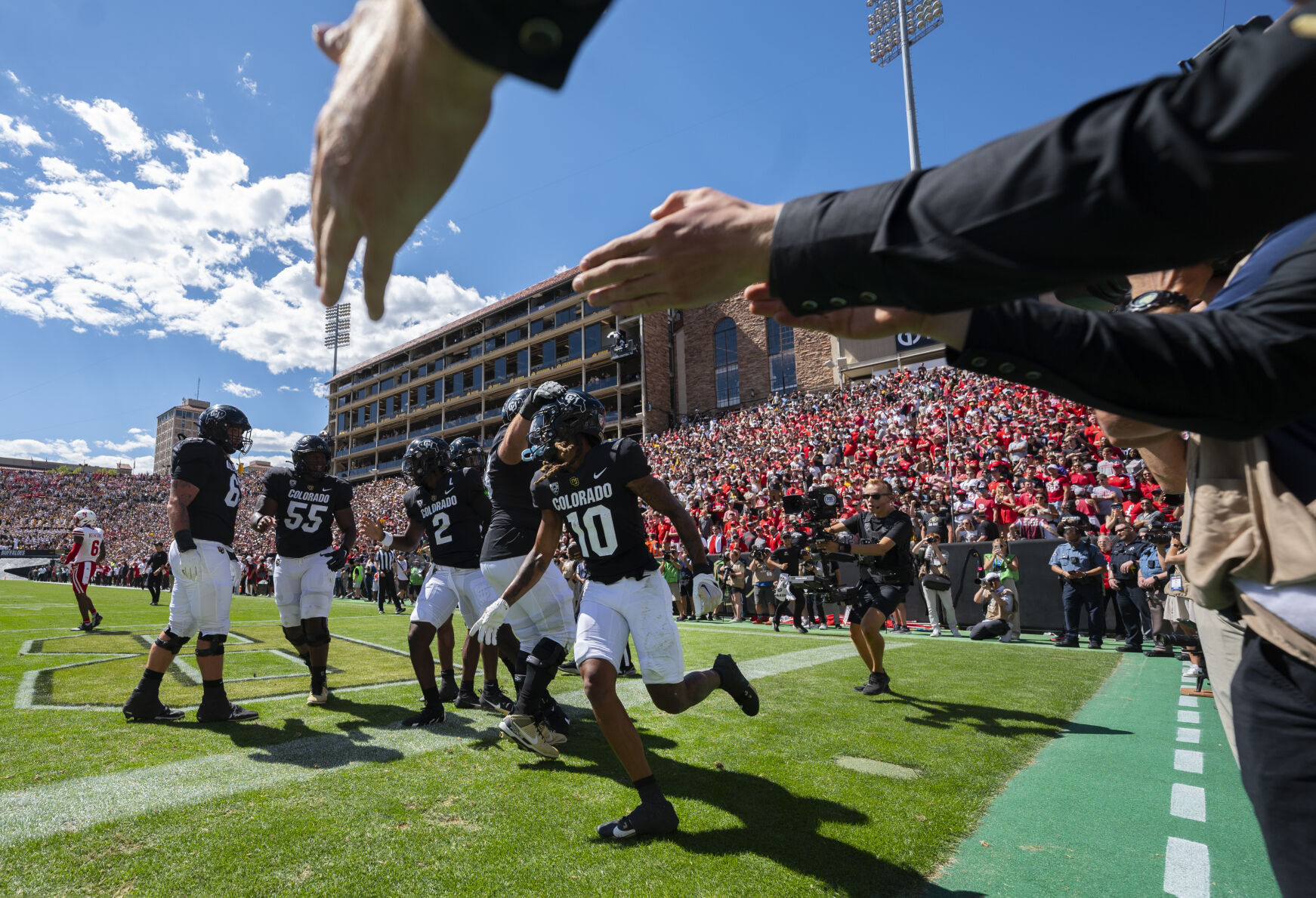Colorado Buffaloes wide receiver Xavier Weaver (10) celebrates after scoring a touchdown against Nebraska during the second half Saturday, Sept. 9, 2023, at Folsom Field in Boulder, Colo. (The Gazette, Christian Murdock) (Christian Murdock/The Gazette)