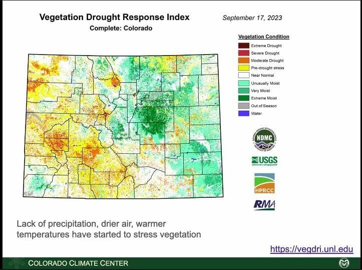 Vegetation response, 2023, courtesy Colorado Climate Center at Colorado State University.