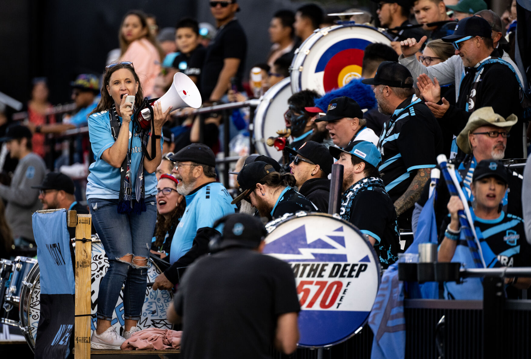 A Colorado Springs Switchbacks FC fan uses a megaphone to chant during the first half of a soccer game at Weidner Field on Saturday, Sept. 23, 2023. (Parker Seibold, The Gazette) (Parker Seibold)
