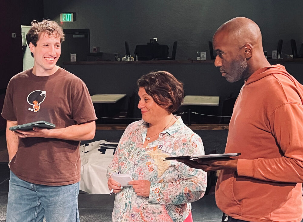 Kenny Moten, right, is directing BDT Stage's farewell production of 'Fiddler on the Roof' as well as the Lone Tree Arts Center's upcoming 'Dreamgirls.' He's with Nik Vlachos, left, and Nancy Lipsey, Senior Programming Director for the Boulder Jewish Community Center, who is helping the 'Fiddler' cast with authenticity. (Courtesy BDT Stage)