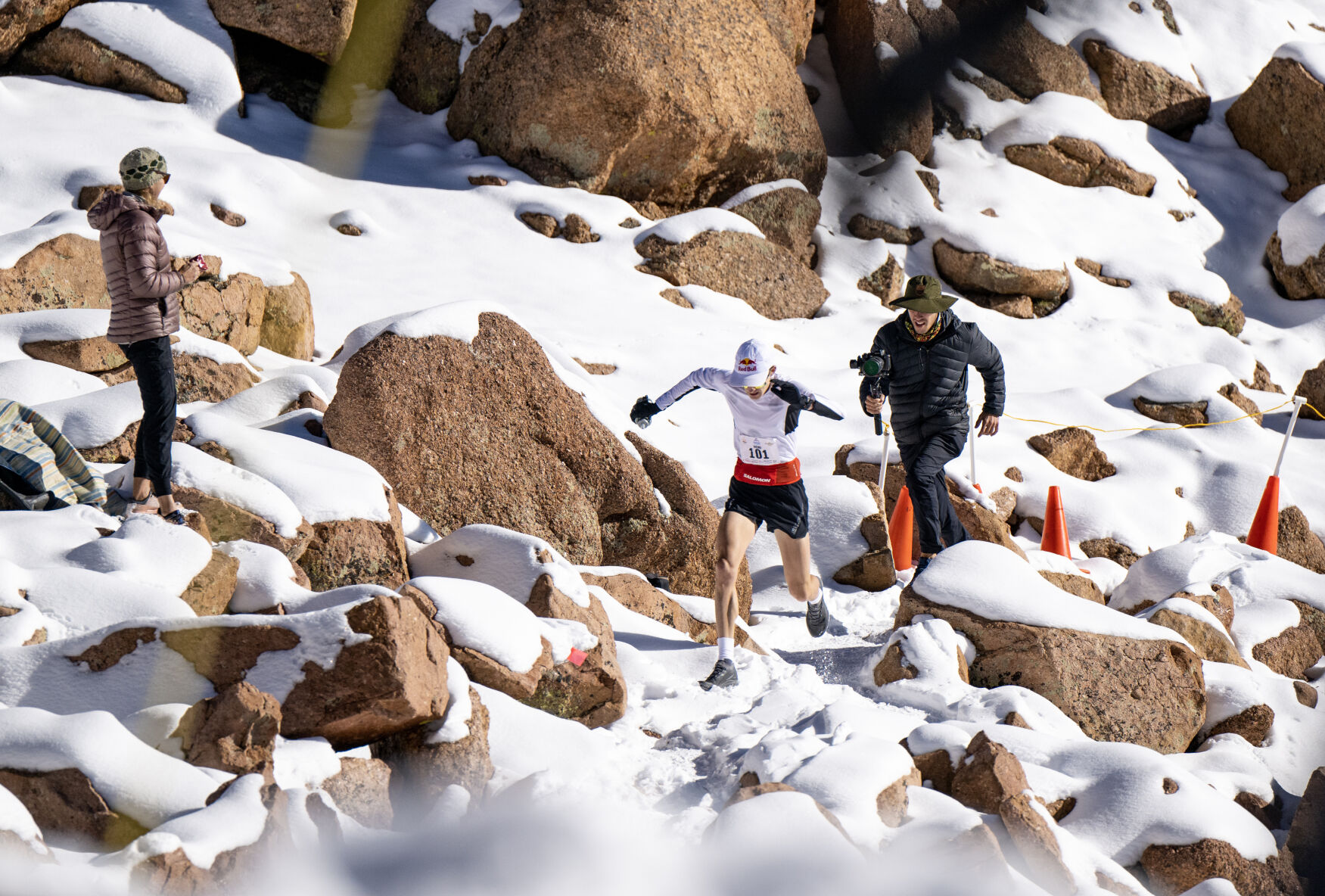 Swiss runner Rémi Bonnet near the finish line of the Pikes Peak Ascent in Colorado Springs, Colo., on Saturday, Sept. 16, 2023. Bonnet broke the 30-year-old record of 2:01:06, set my Matt Carpenter, with a time of 2:00:20. (Parker Seibold, The Gazette) (Parker Seibold)